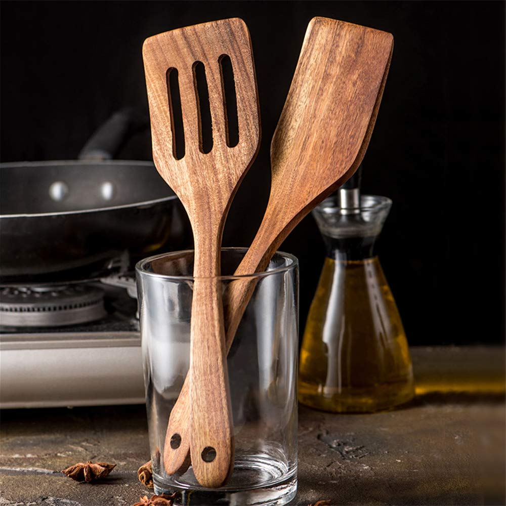 7 Pcs Acacia Wood Cooking Utensils Set Large Wooden Spoons for Cooking Spatula Salad Spoon Salad Fork Slotted Spoon Mixing Spoon Flat Spatula Turner Kitchen Utensils