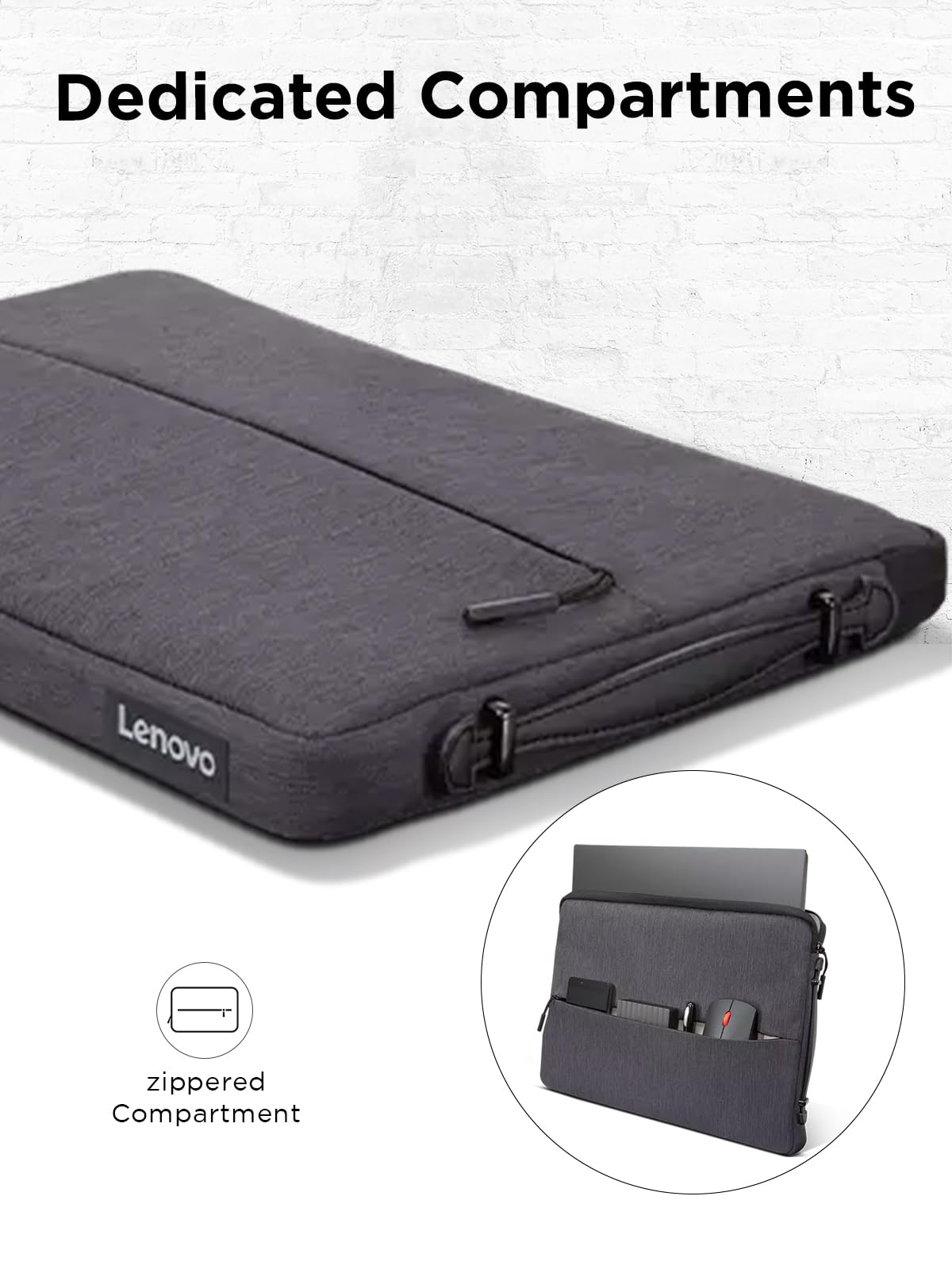 Lenovo Urban Laptop Sleeve for 13" Notebook, Water Resistant, Soft Padded Compartments, Accessory Storage, Reinforced Rubber Corners, Extendable Handle, GX40Z50940, Charcoal Grey