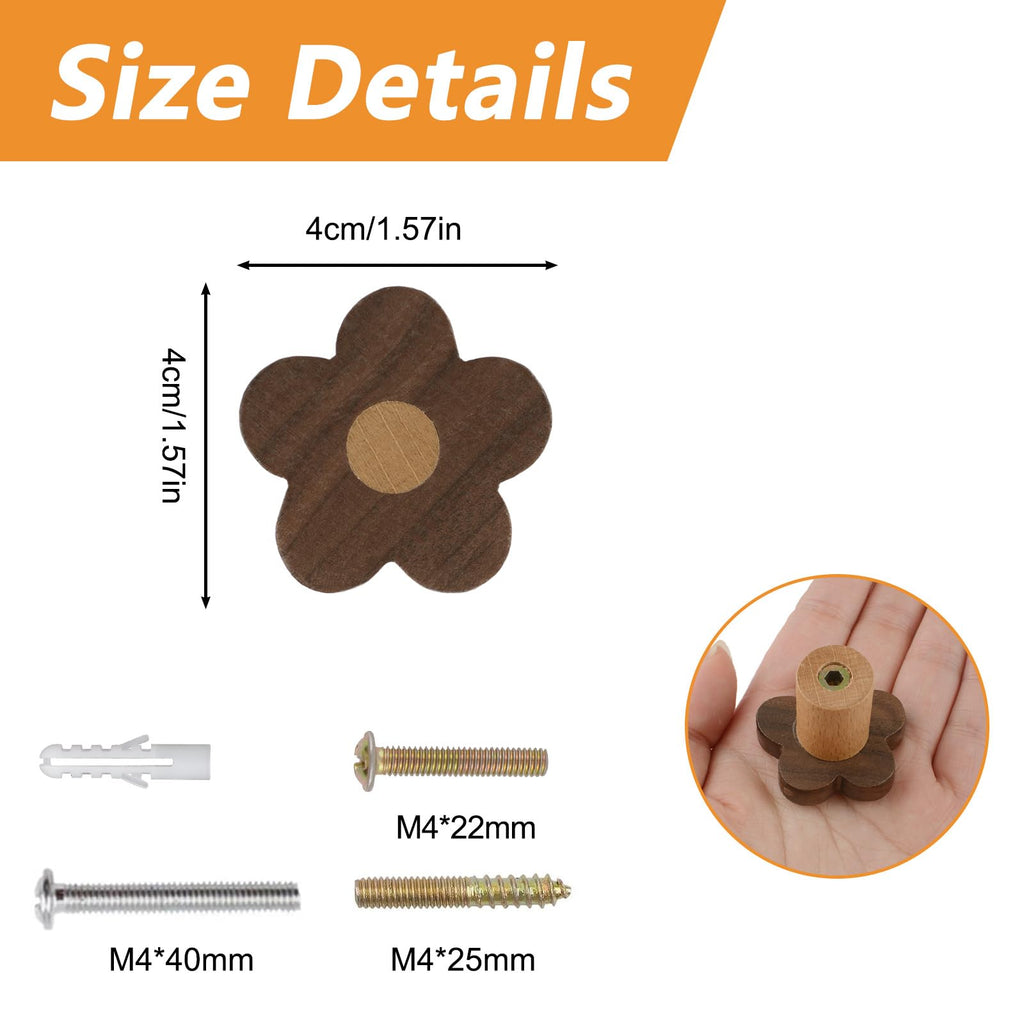 MOROBOR 6pcs Flower Shaped Wooden Cabinet Knobs, Single Hole Walnut Wood Handles Nursery Pulls for Chest of Drawers with Screws & Expansion Tube