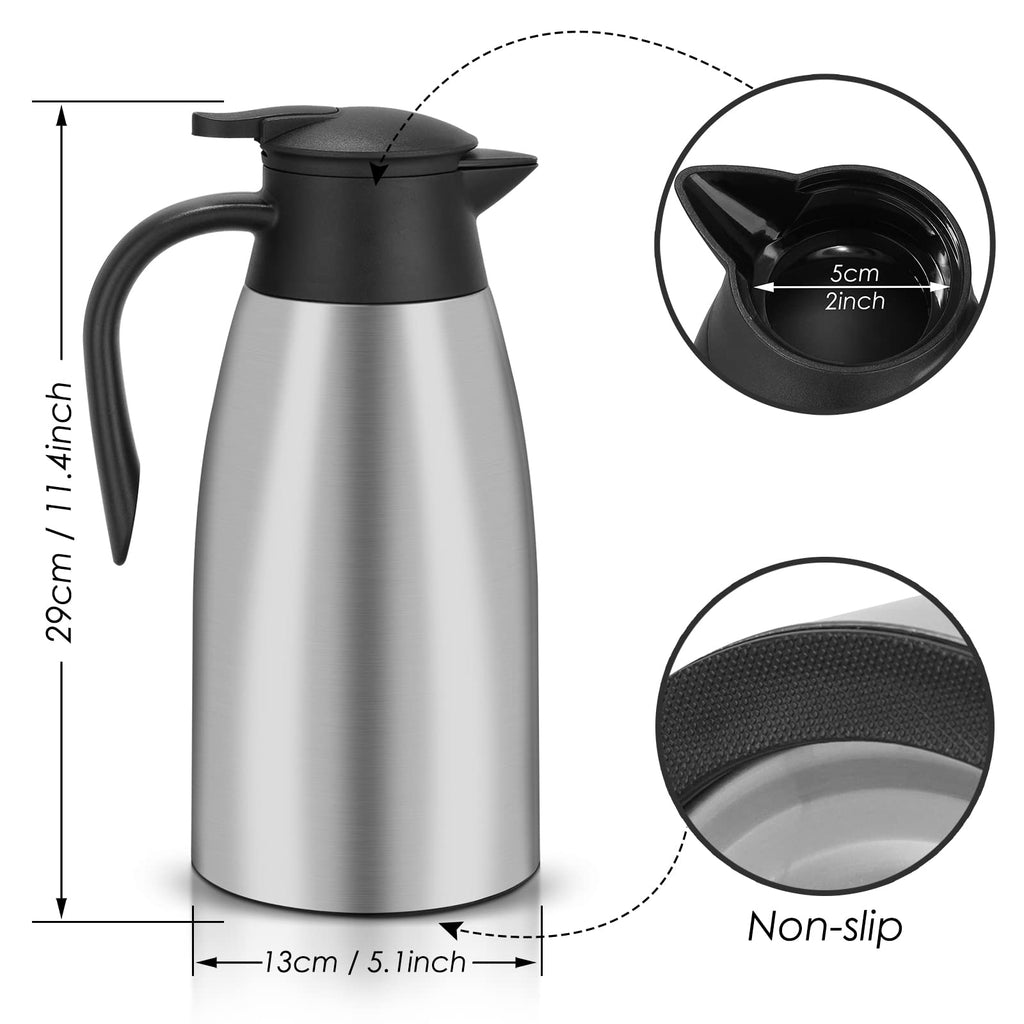 Hossejoy 70 oz / 2 Liter Stainless Steel Thermal Coffee Carafe, Tea, Water, and Coffee Dispenser, Double Walled Vacuum Insulated Carafe, Sliver