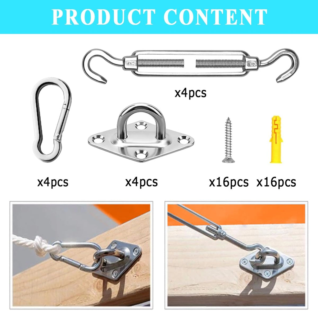 44pcs Sun Shade Sail Hardware Kit for Triangle Square Rectangle Sun Shade Sails Installation, M6 Stainless Steel Sun Shade Sail Kit for Garden Lawn Patio, Anti-Rust