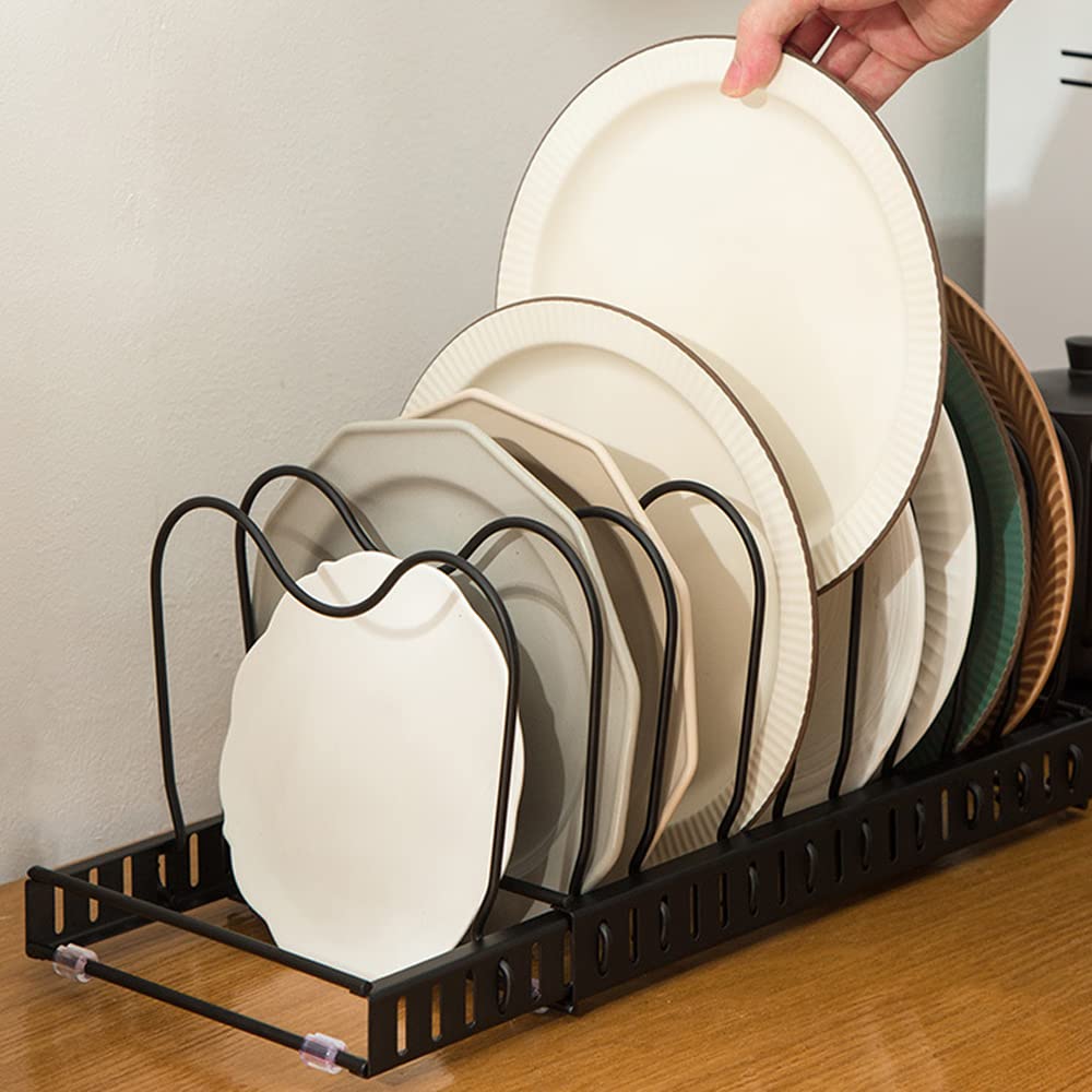 Expandable Pans and Pots Organizer Rack Pot Pan Lid Black Holder for Kitchen Cupboard Cabinet Storage Bakeware Saucepan with 10 Adjustable Dividers (black)
