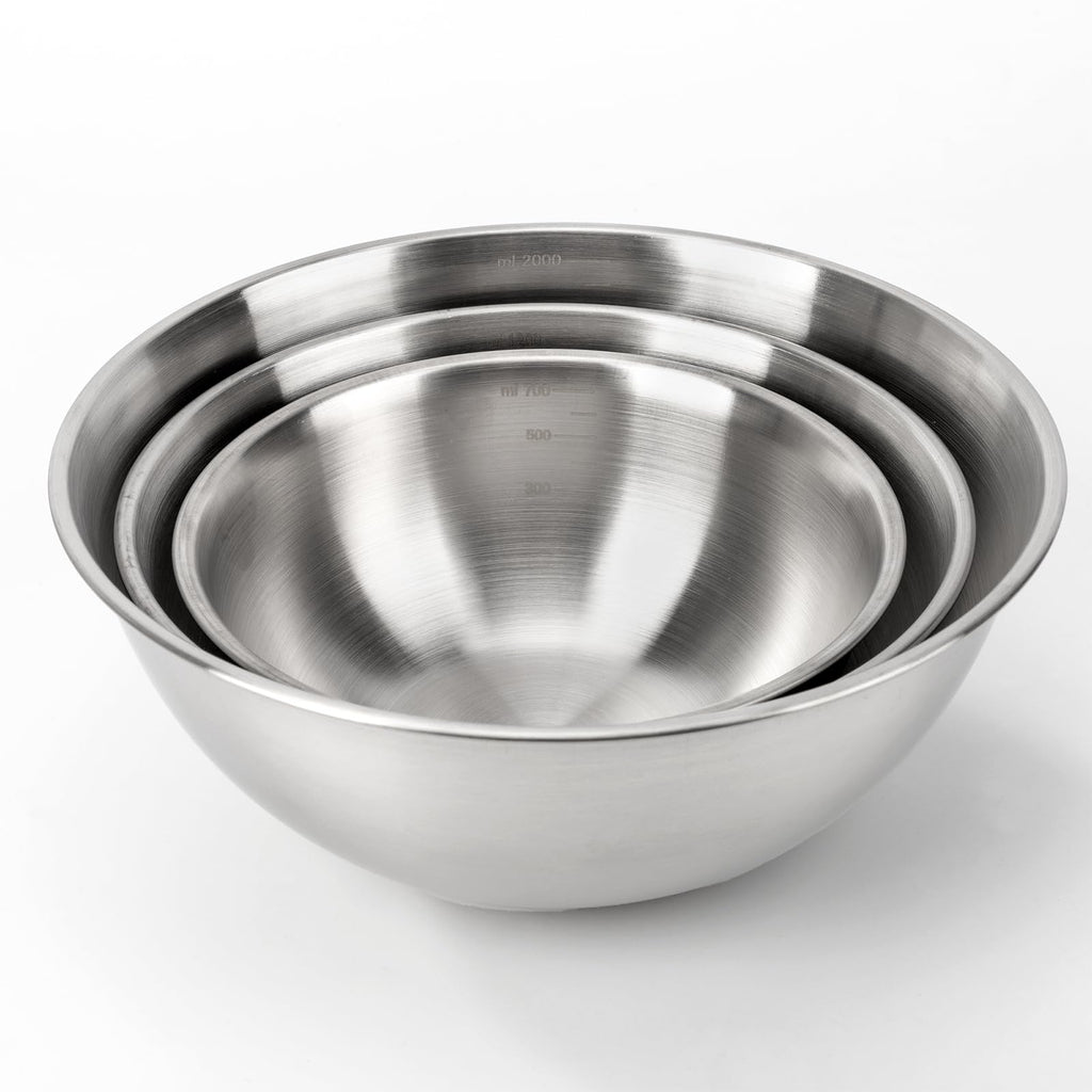 fecoqi 3-Set Stainless Steel Mixing Bowls Set Metal Bowl Set with Measurement Marks, Dishwasher Safe & Stackable - Perfect for Baking, Salad Making, Meal Prep and Kitchen Use