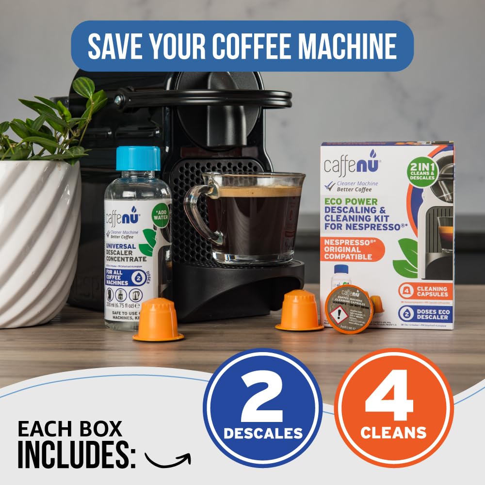 Nespresso Compatible Descaling Kit & Cleaning Pods. 2 Use Descaling Solution & 4 Cleaner Pods. Removes Limescale & Cleans Pod Area. Better Tasting, Hotter Coffee. Nespresso Originaline.