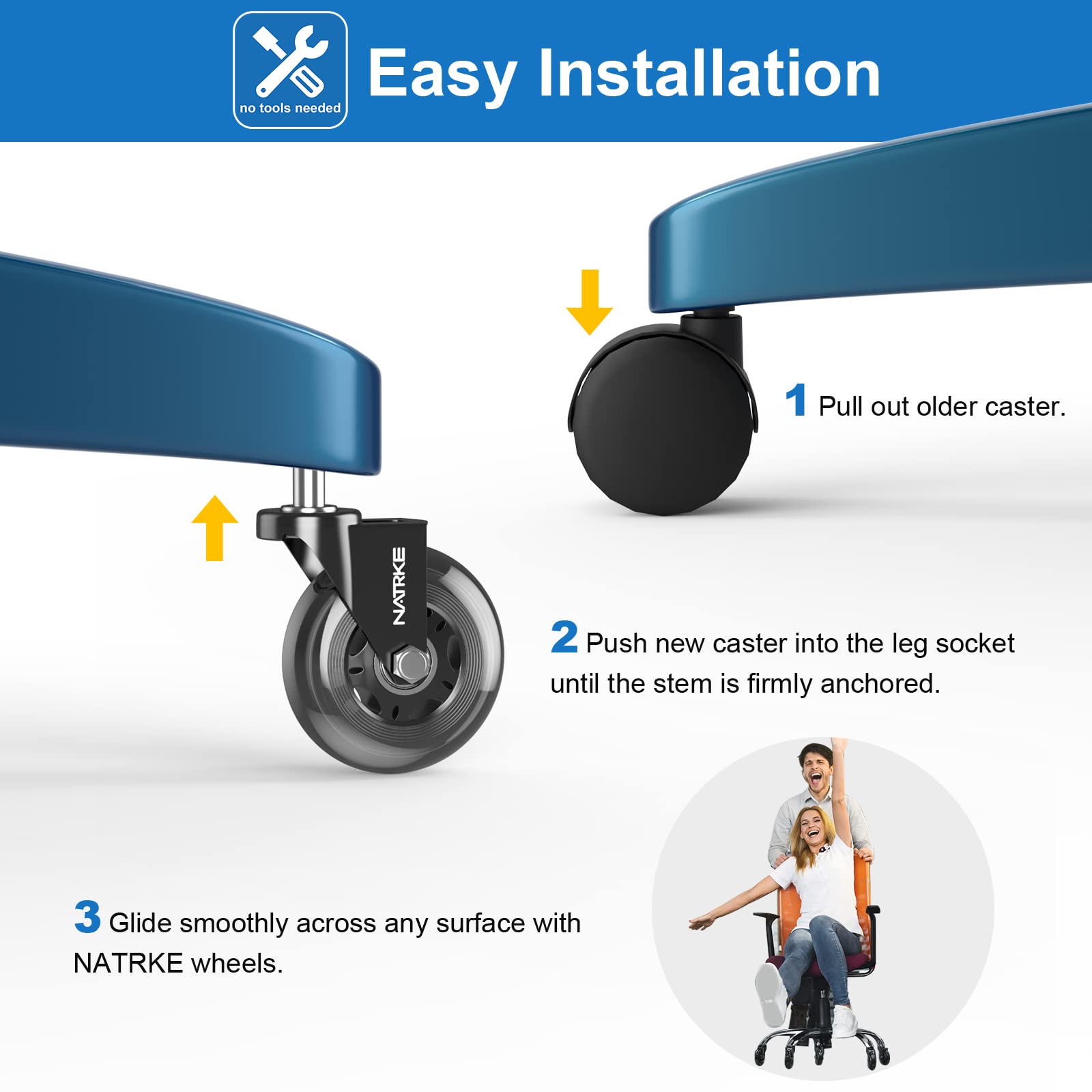NATRKE Office Chair Wheels Replacement, 3 Inch Rubber Casters for Swivel Chairs, 11mm x 22mm Stem Universal Fit for Hardwood Floors & Carpet, Heavy Duty 5-Pack, Supports 661 lbs (300 kg)