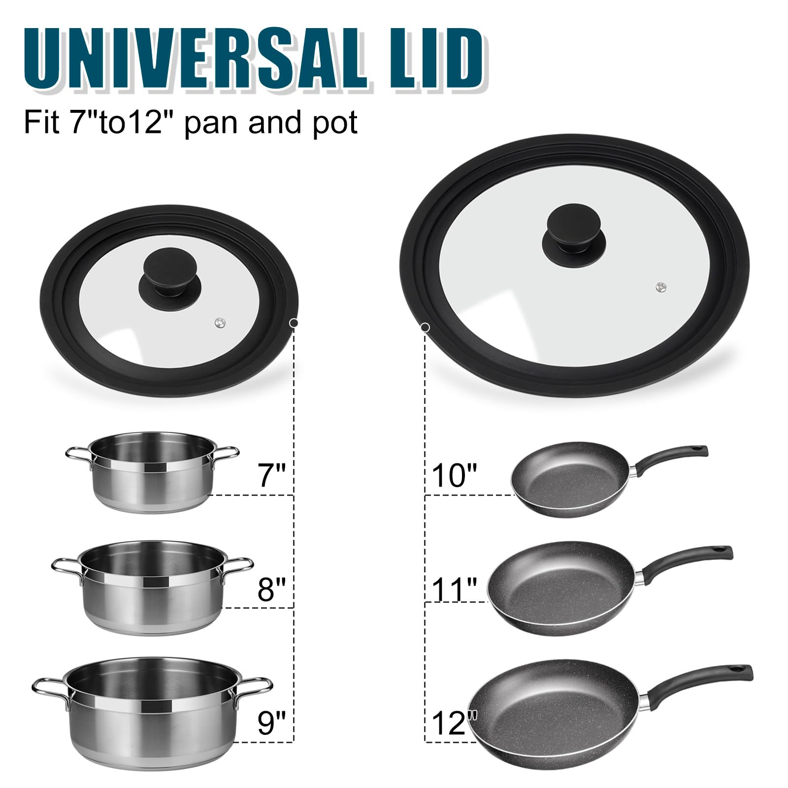 Universal Lids for Pots, Pans and Skillets, 2 Pack Pan Cover fit 7", 8" 9" & 10", 11", 12" Diameter Cookware, Silicone Replacement Pan Lid Pot Lids for Frying Pans, Cast Iron,Tempered Glass Lid