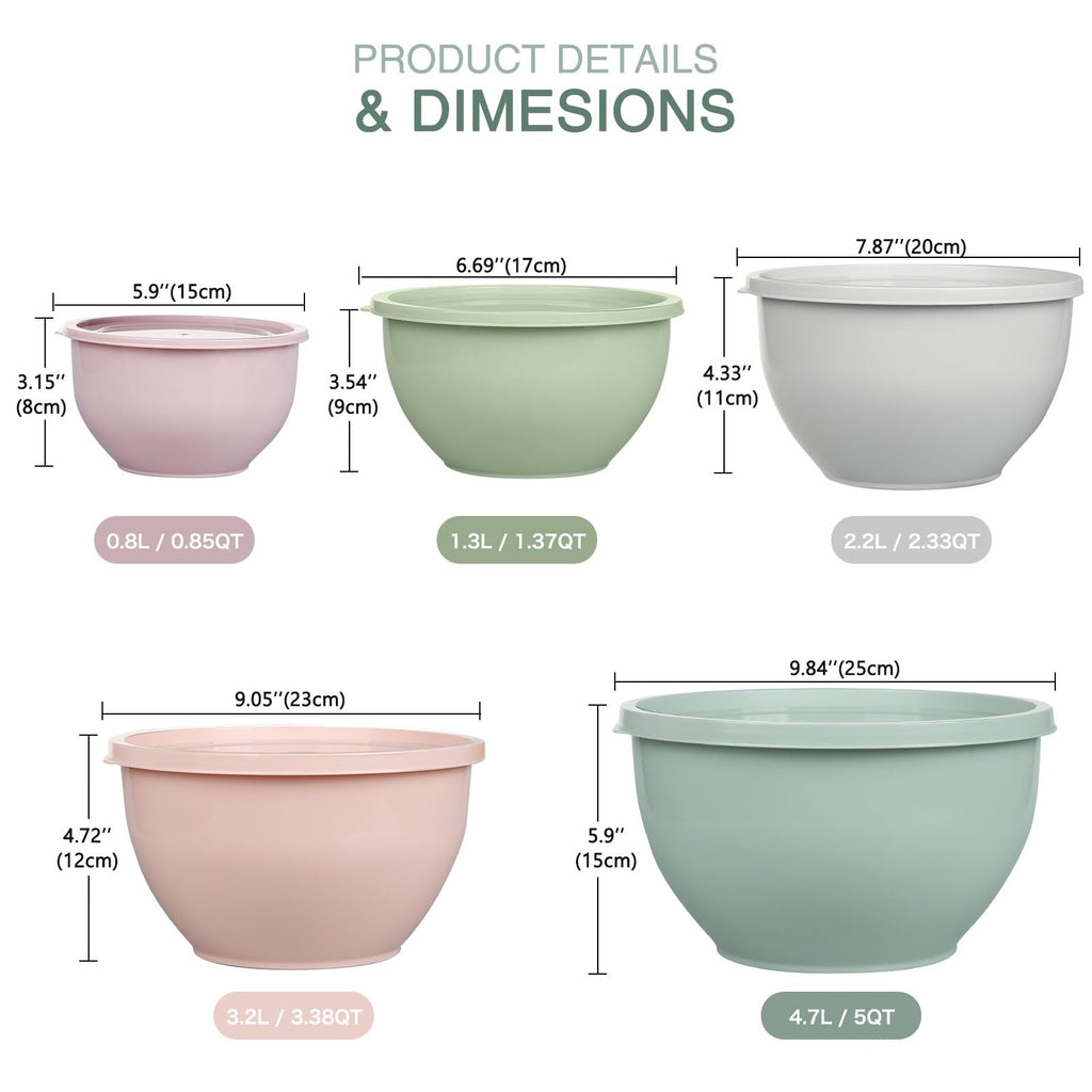 Greentainer Plastic Mixing Bowl Set with Lids for Kitchen, Nesting Storage Bowls for Baking, Prepping,Cooking and Serving Food, Dishwasher, Microwave Safe,Great for Mixing & Serving (5pcs Pink)