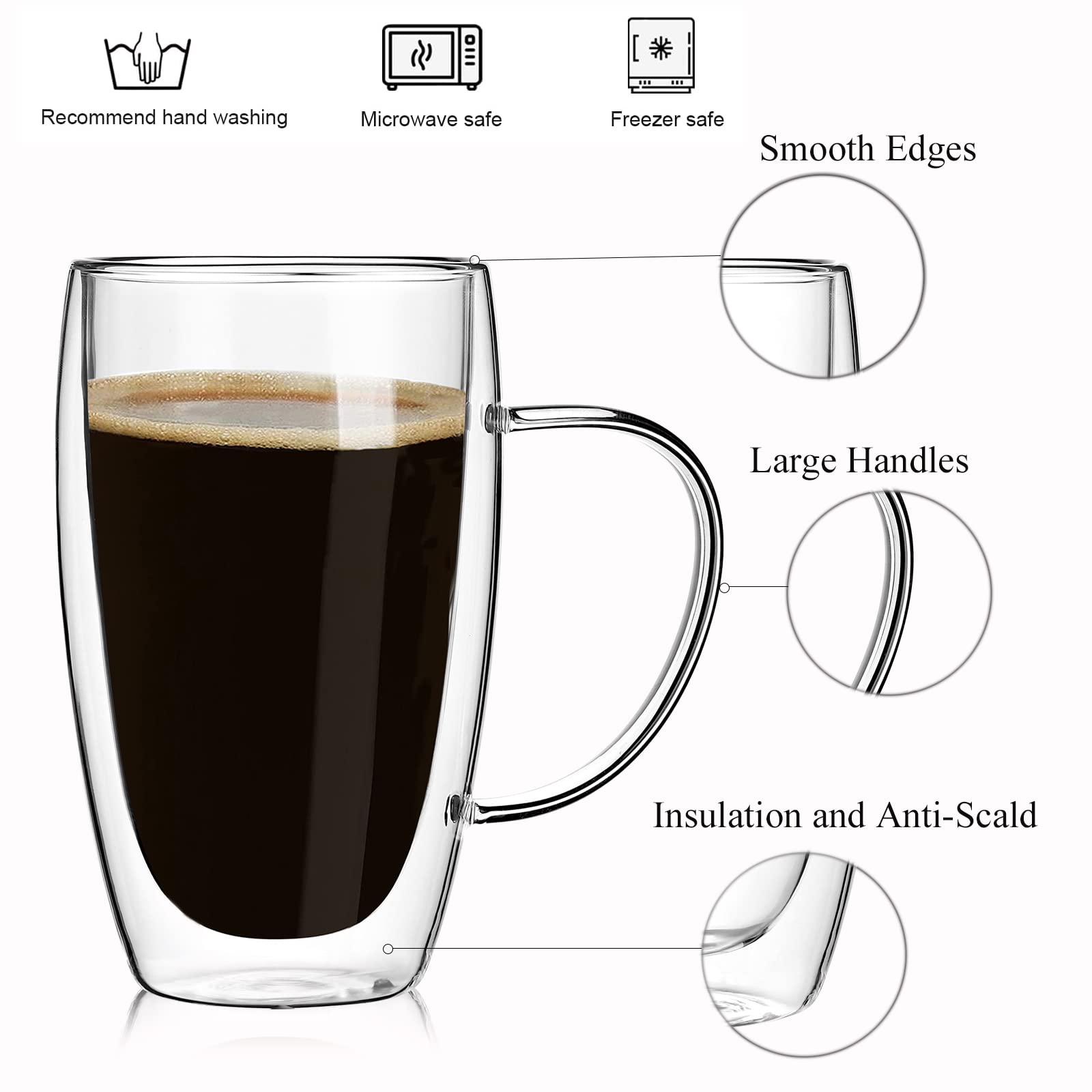 2-Pack 15 Oz Double Walled Glass Coffee Mugs with Handle,Tasse à café en verre Double paroi,Insulated Layer Coffee Cups,Clear Borosilicate Thermal Glass Mugs,Fit for Cappuccino,Tea,Latte,Hot Beverage