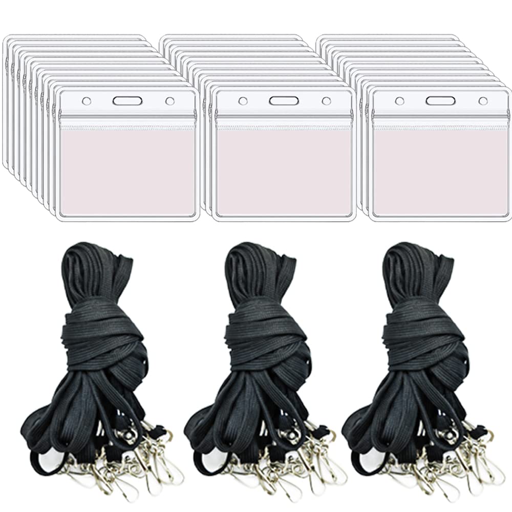 60pcs Tag Protector Holder Kit Include 30pcs Clear Plastic Horizontal Name Tags Badge Id Card Holders and 30pcs Black Flat Neck Lanyards with Swivel Hook for Teacher Lanyard Key Bus Pass