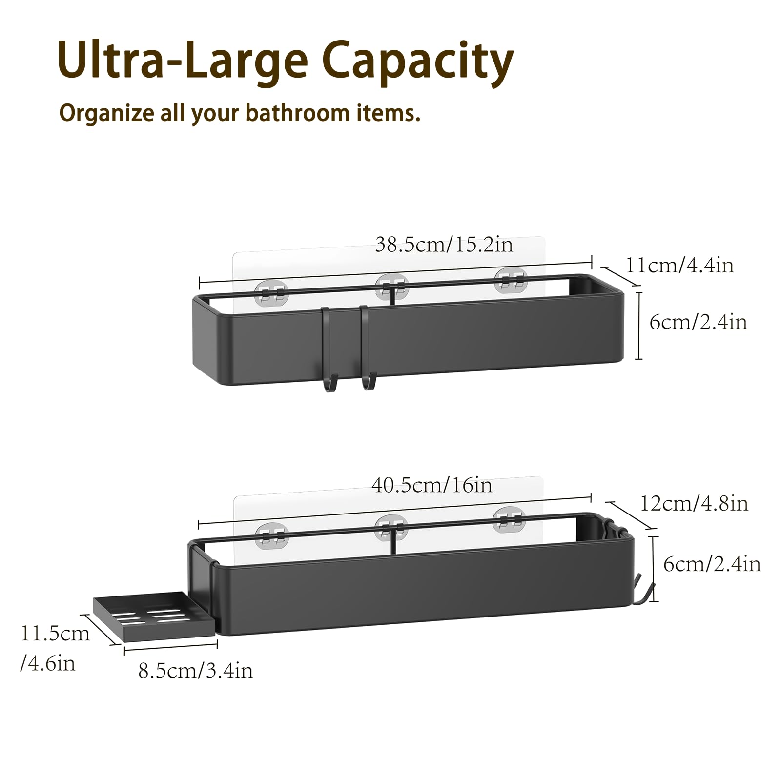 Gabeeriso Large Shower Caddy Bathroom Organizers and Shelves, No Drill Bathroom Shelf, Adhesive Rust Proof Shower Rack with Removable Hooks, Wall-Mounted Shower Holder, 40.5 x 12 x 6 cm, Black