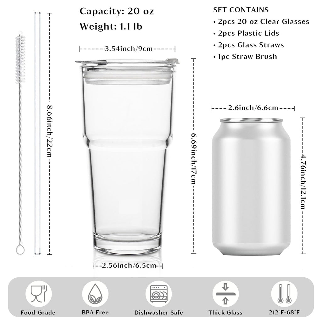 INSETLAN 20oz Clear Glass Cup with Lid and Glass Straw, Set of 2 Thickened Glass Coffee Tumblers, Drinking Glasses with Straw for Smoothie, Tea, Milk, Whiskey, Water and More – Elegant & Durable