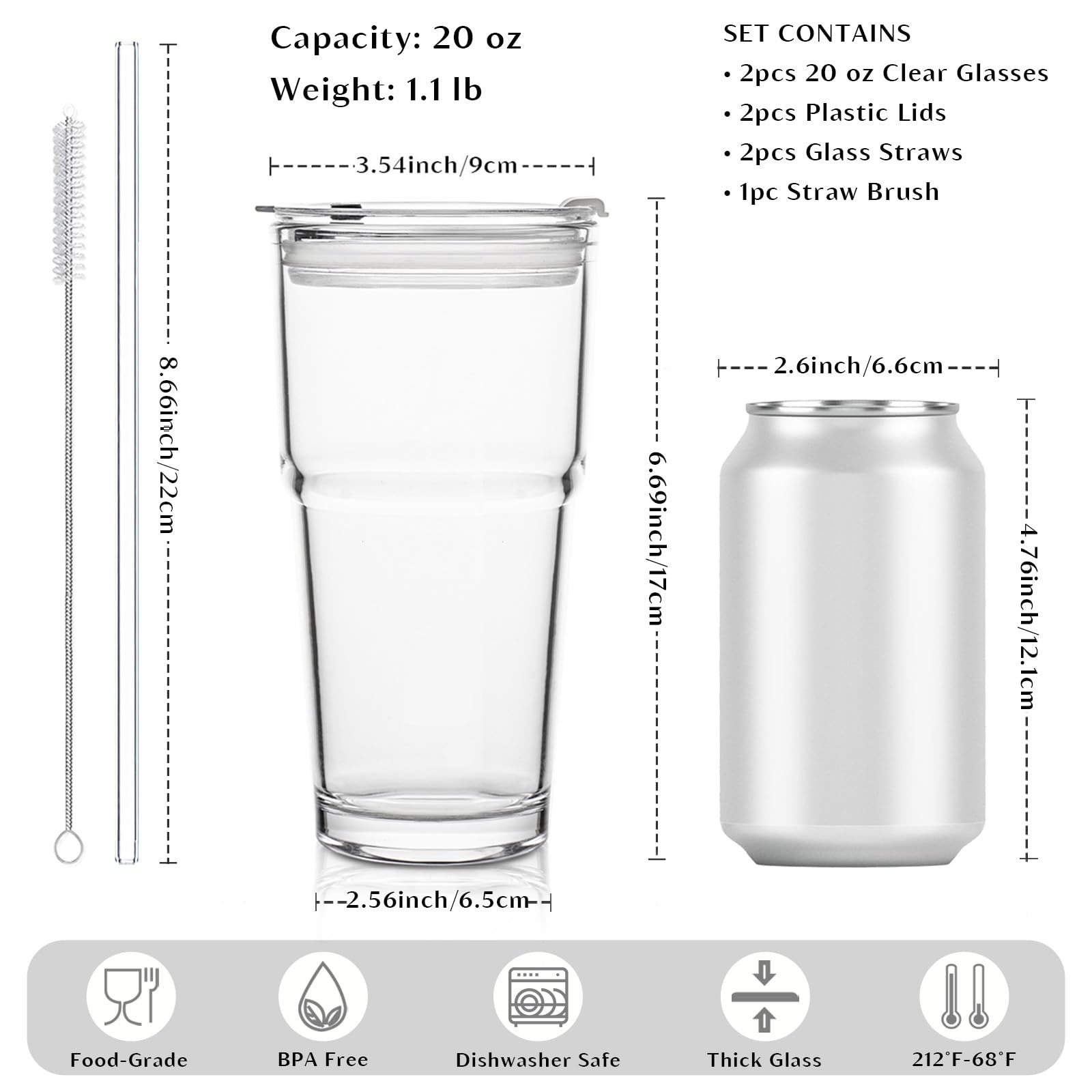 INSETLAN 20oz Clear Glass Cup with Lid and Glass Straw, Set of 2 Thickened Glass Coffee Tumblers, Drinking Glasses with Straw for Smoothie, Tea, Milk, Whiskey, Water and More – Elegant & Durable