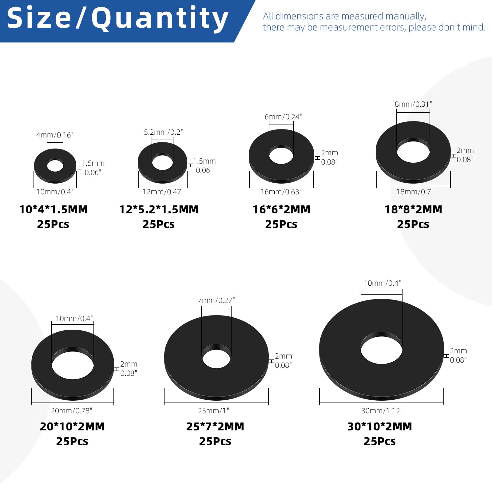 Glarks 175Pcs 7 Sizes Flat Rubber Washers Assortment Kit, 10/12/16/18/20/25/30mm Flat Round Plumbing Washers Heavy Duty Black Rubber Washers Vibration Damping Grommets for Faucet Pipe Hose Repair