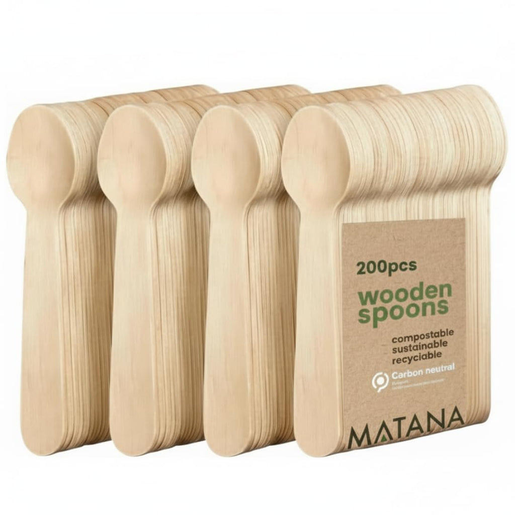 MATANA 100% Natural Bamboo Wooden Spoons 5.5" Inch/ 14cm (200 Pack) Compostable Cutlery, Biodegradable Utensils for Garden Party, Summer Events, Catering, Takeaway