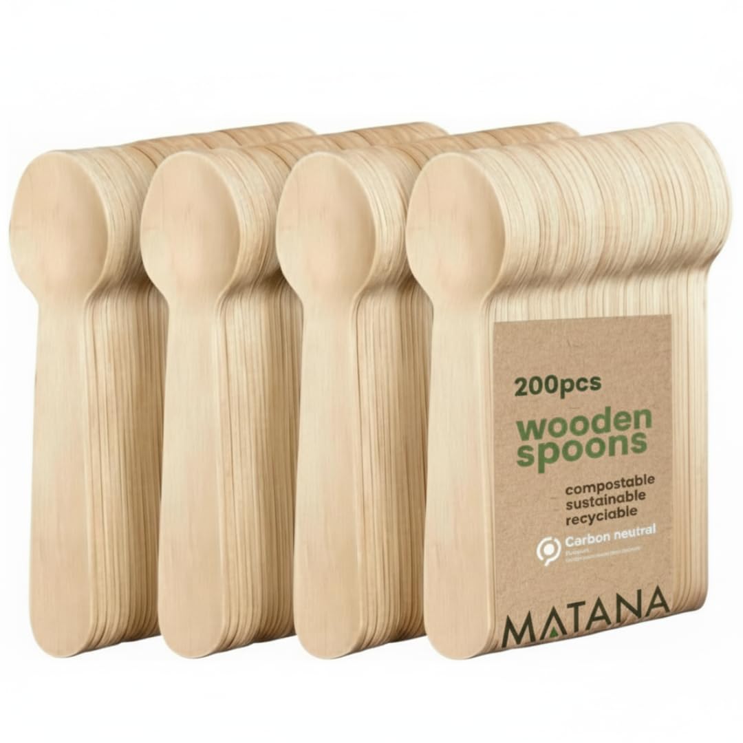MATANA 100% Natural Bamboo Wooden Spoons 5.5" Inch/ 14cm (200 Pack) Compostable Cutlery, Biodegradable Utensils for Garden Party, Summer Events, Catering, Takeaway