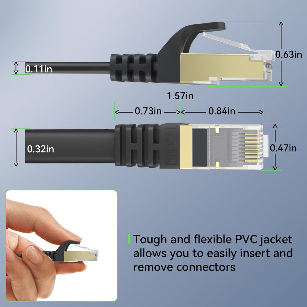 Cat 8 Ethernet Cable 50 FT, BUSOHE 40Gbps 2000MHz Cat8 High Speed Flat Internet Network Patch Cord, SFTP Shielded LAN Wire with Gold Plated RJ45 Connector, with Clips, for Outdoor Indoor- 50FT Black