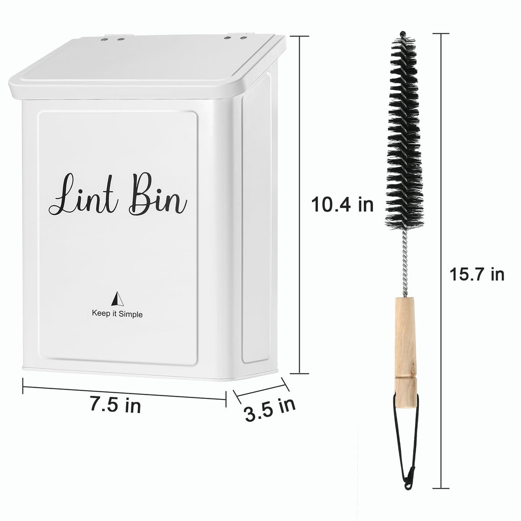 SUBEKYU Metal Magnetic Lint Bin for Laundry Room, Wall Mounted Lint Box Holder Trash Can with Lid for Dryer (White)