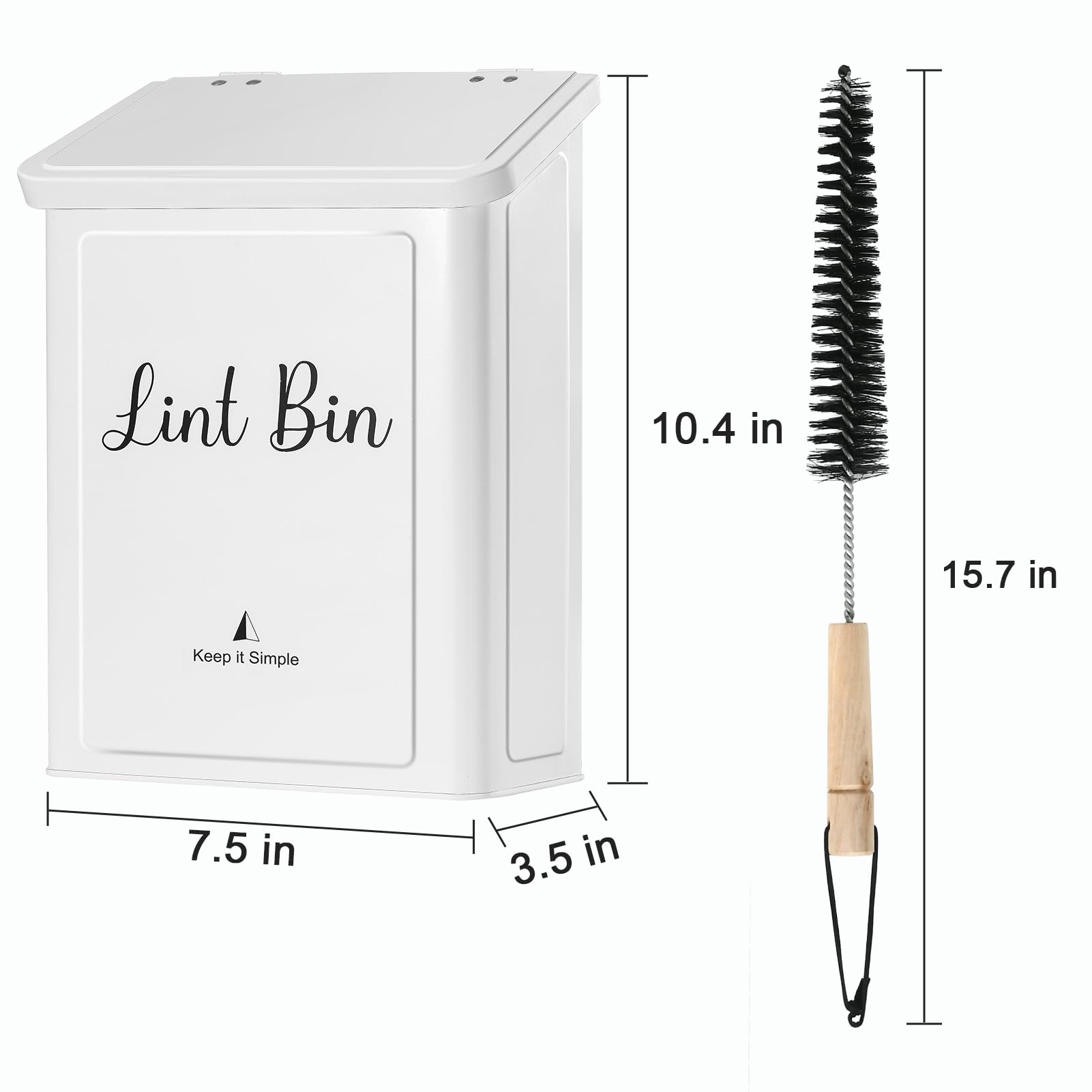 SUBEKYU Metal Magnetic Lint Bin for Laundry Room, Wall Mounted Lint Box Holder Trash Can with Lid for Dryer (White)