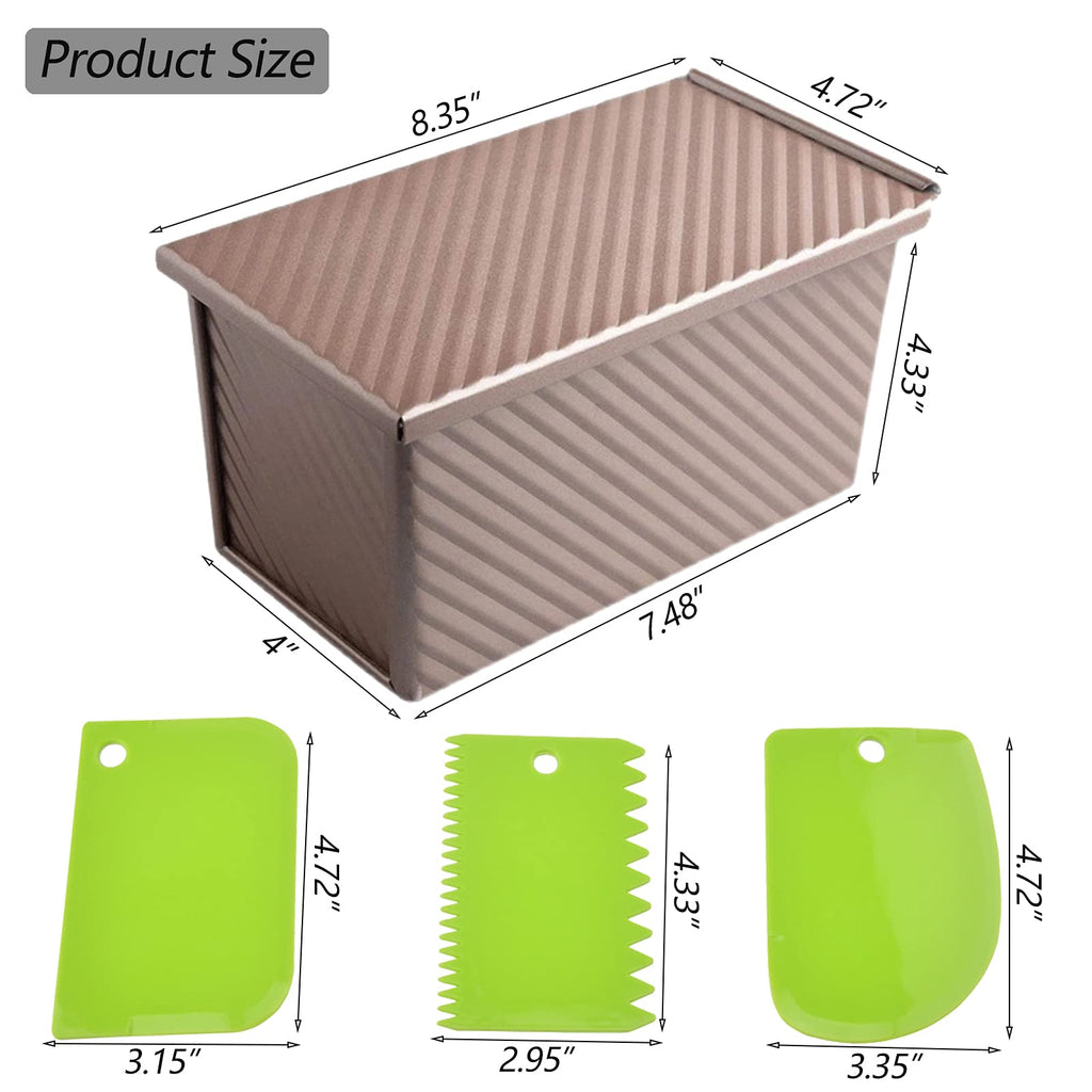Spmarkt Pullman Loaf Pan with Lid, Aluminized Steel 1 Lb Nonstick Sandwich Bread Pan for Homemade Bread, 8.4x4.8 Inch Professional Rectangular Loaf Pan with Dough Scraper and Cutter