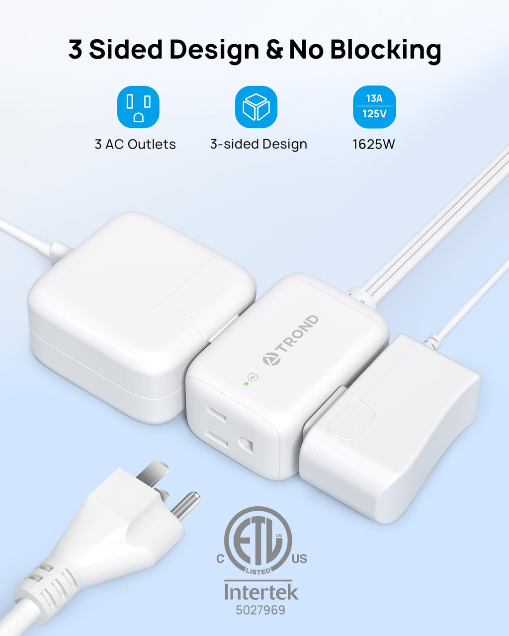 TROND 6ft Flat Extension Cord Surge Protector, 360° Rotating Plug Power Bar, 3 Way Outlets Extender, 13 Amps, 1625W, 900J, Small Flexible SPT 16/3 Cable Splitter, Home Office Dorm Room Essentials