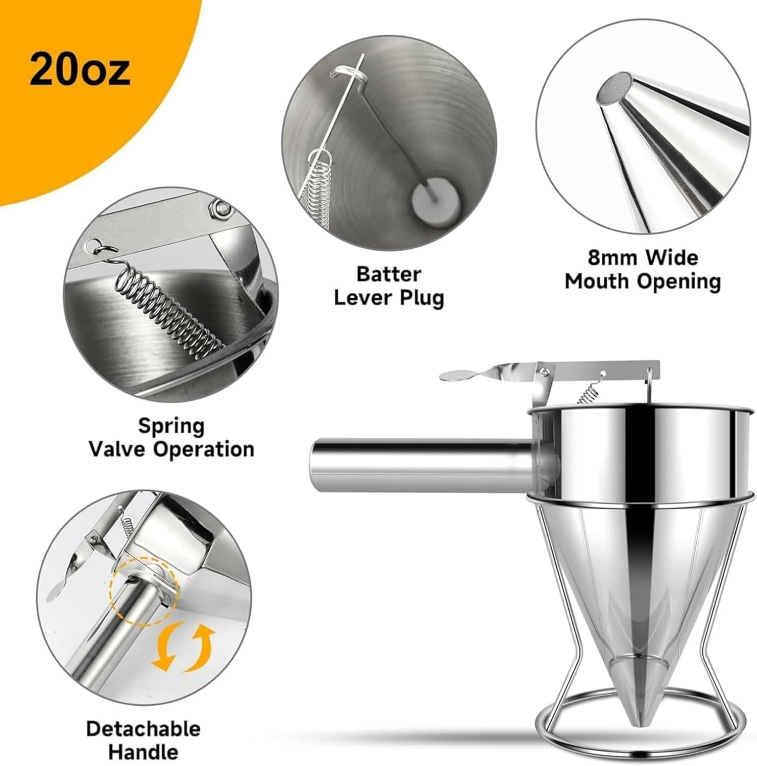 Multi-Caliber Pancake Batter Dispenser, Stainless Steel Funnel Cake Dispenser, Piston Funnel Cake Maker for Pancakes, Cupcakes,Crepes,Muffin,Waffles, Chocolate Balls (600)