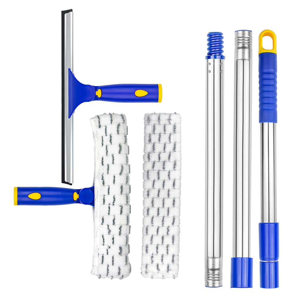 ITTAR Window Cleaner Squeegee,Rotatable Squeegee and Microfiber Scrubber with Extendable 3 Section Stainless Steel Pole,Window Cleaning Tool with 2 Microfiber Pads for Shower Glass Door,Car Windshield