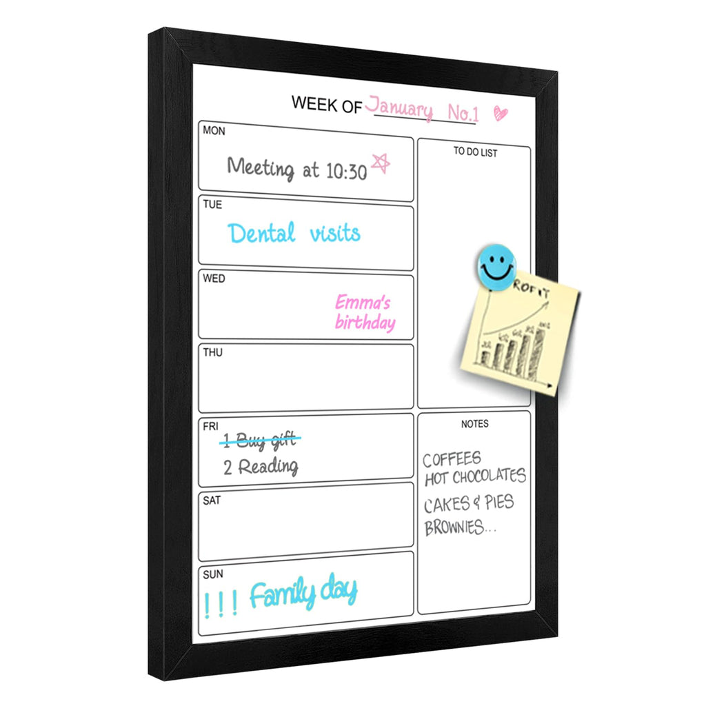 Aitakatta Weekly Dry Erase Whiteboard Calendar, 15.7"x11.8" Magnetic Surface Memo Board, Minimal Design Weekly Planner for Wall, Black Wood Frame Dry Erase Board for Office School Home(ZLBB-S-BK-3040)