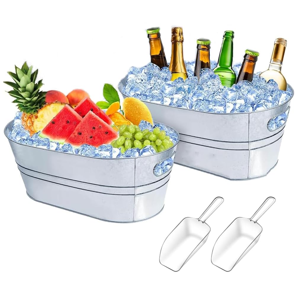 2 Pack Galvanized Tub Beverage Tubs, 4 Gallon Large Ice Buckets with Carry Beer Drink Storage Cooler Metal Beverage Ice Tub, for Parties and Cocktail Bar Mimosa Bsupplies