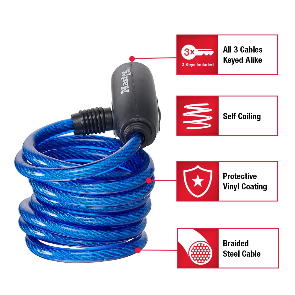 Master Lock 8127TRI Bike Lock/Cable, Blue, Green and Red, 3-Pack