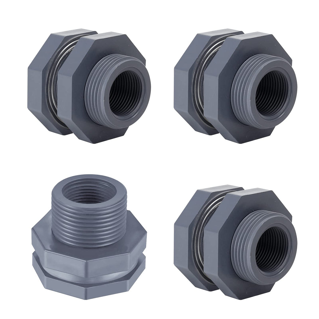 UgyDuky 4 Pieces PVC Bulkhead Fitting for Rain Barrels, Aquariums, Water Tanks, Tubs, Pools - Grey (1 Inch)