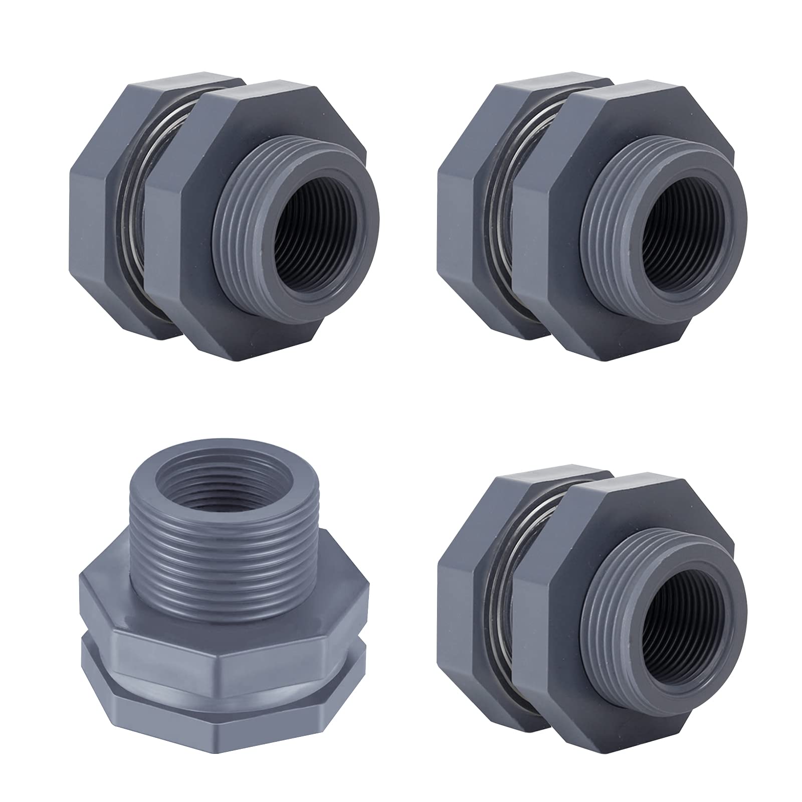 UgyDuky 4 Pieces PVC Bulkhead Fitting for Rain Barrels, Aquariums, Water Tanks, Tubs, Pools - Grey (1 Inch)