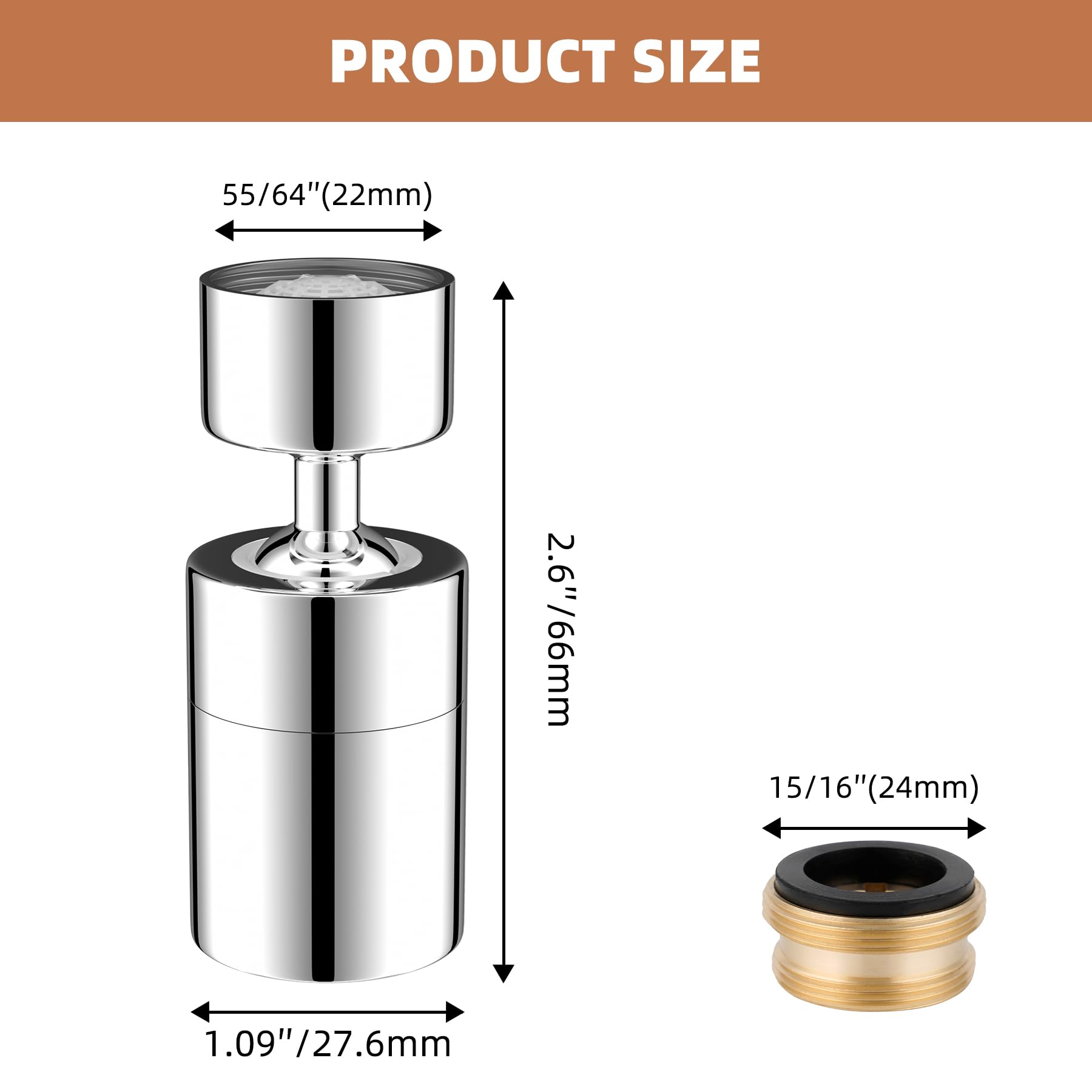 Hibbent NSF/ANSI/CAN 61 Certified Faucet Aerator, CUPC Certification 360 Degree Kitchen Sink Faucet Aerator, Dual-Function Swivel Big Angle Kitchen Faucet Attachment, Faucet Replacement Part, Chrome