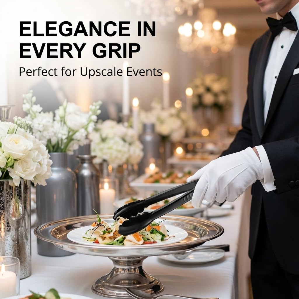 Plastic Tongs for Serving (Pack of 12) 9 Inch - Heavy-Duty Hard Plastic Reusable or Disposable Serving Tongs for Catering, Dinner Parties, Banquets, Buffets, Events, Weddings, and Everyday Use, Black