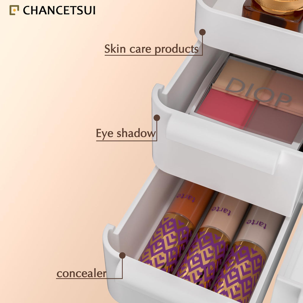 Makeup Desk Organizer, Makeup Organizer With Drawers, Bathroom Countertop Organizer for Cosmetics, Vanity Holder for Lipstick, Makeup Brush Holder/Organizer (White)