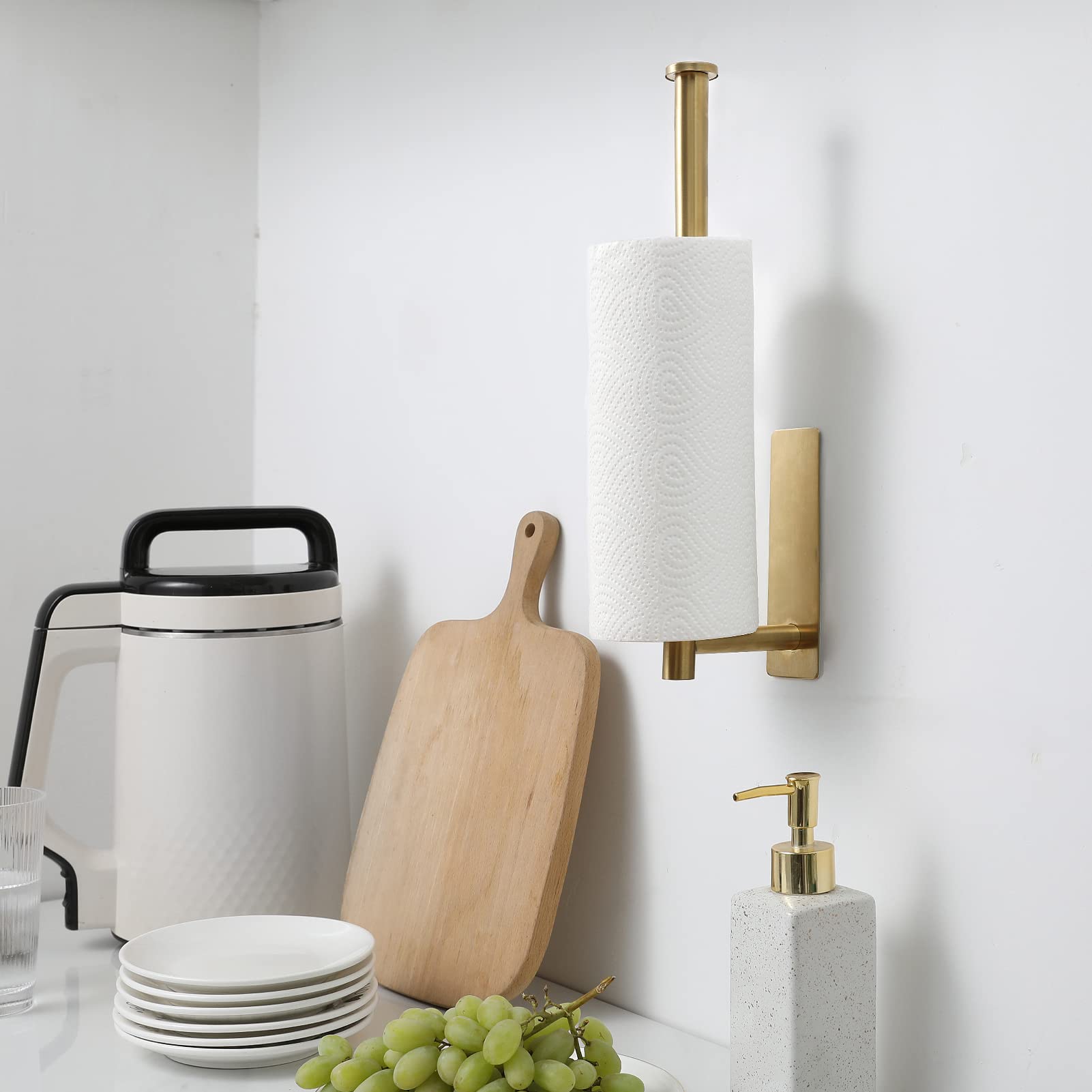 theaoo Gold Paper Towel Holder - Under Cabinet Paper Towel Holder for Kitchen, Adhesive Paper Towel Roll Rack for Bathroom Towel, Wall Mounted Matte Black Paper Towel Rack, SUS304 Stainless Steel