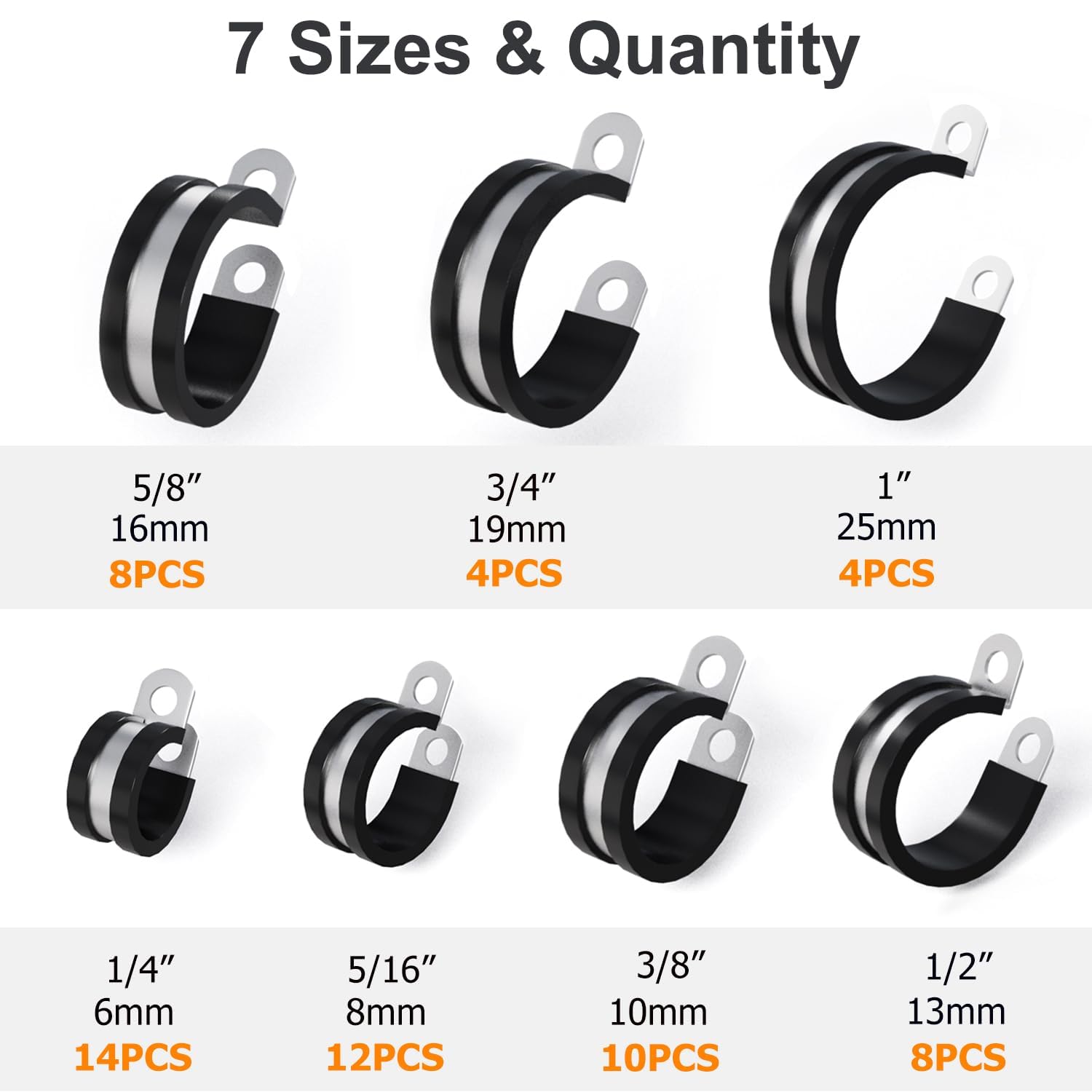 Flytuo 60PCS Cable Clamps Assortment Kit, 304 Stainless Steel Rubber Cushion Pipe Clamps in 7 Sizes (1/4" 5/16" 3/8" 1/2" 5/8" 3/4" 1") - P Clips for Fasten Hose, Pipe and Cable
