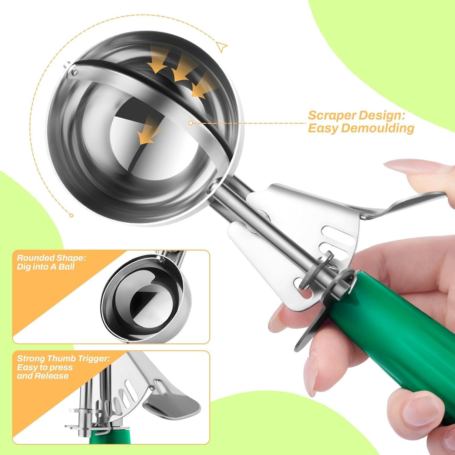 Cookie Scoops, Ice Cream Scoop Set, with Trigger, Kitchen Utensils, 3 Different Sizes, Small-Medium-Large, Baking Supplies, Meatball Maker Tool, Stainless Steel with Plastic Handles