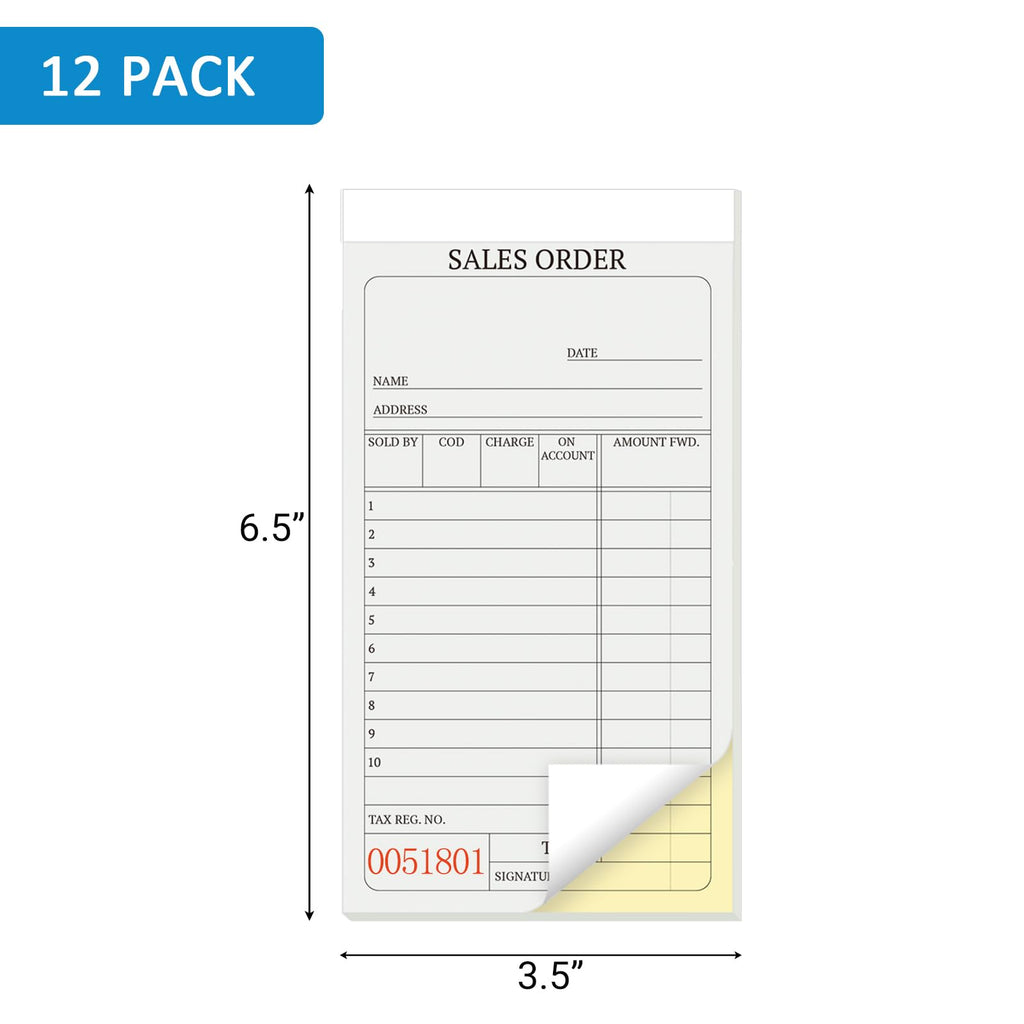 suituts 12 Pack Sales Order Book, 3.5 x 6.5 Inch 2-Part Carbonless Sales Receipt Form, Numbered Duplicate Invoice Booklet for Business(50 Set per Pack)