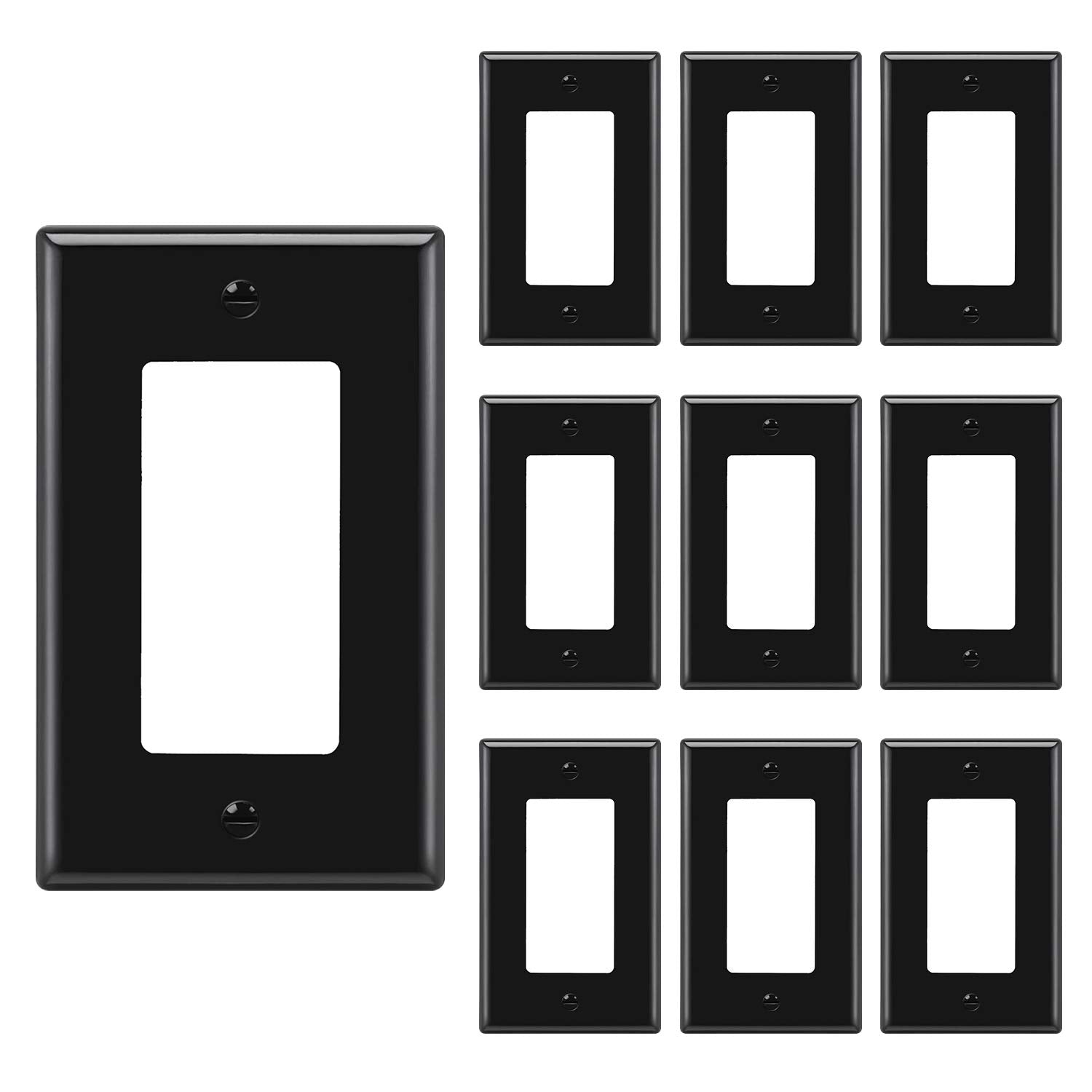 BESTTEN 10 Pack of 1-Gang Decorator Wall Plate, Standard Size Receptacle Outlet Plate, Unbreakable Polycarbonate Decor Switch Cover, Black