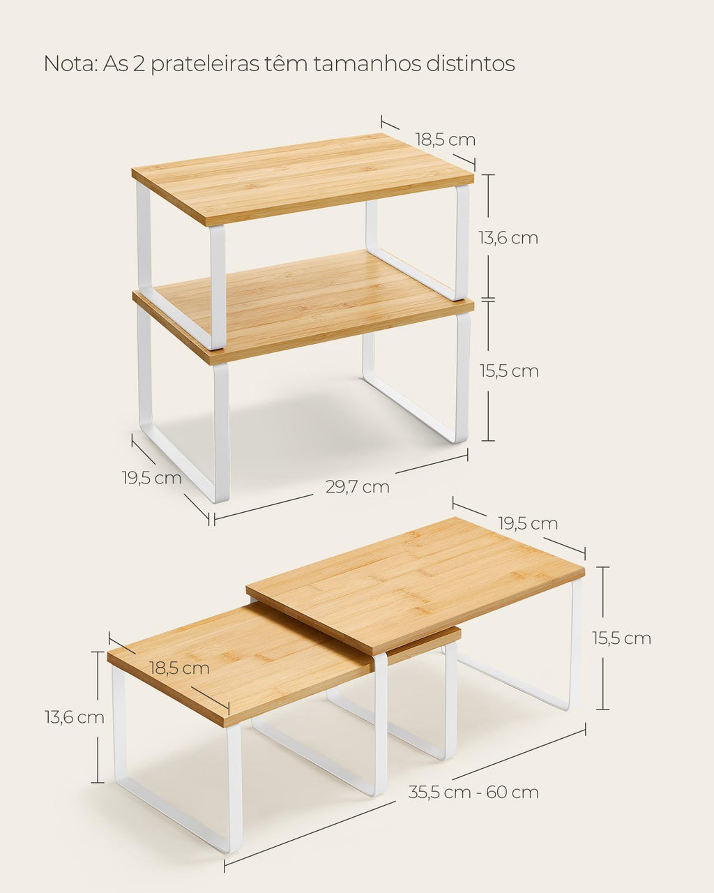 SONGMICS Cabinet Organizer Shelf, Set of 2 Kitchen Counter Shelves, Kitchen Storage, Spice Rack, Stackable, Expandable, Metal and Engineered Wood, Cloud White and Natural Beige UKCS02NW