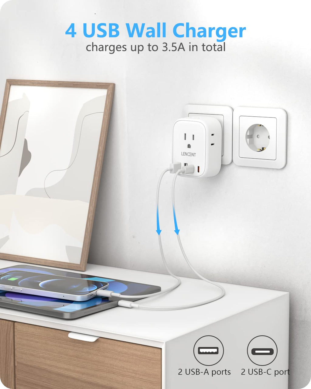 European Travel Plug Adapter, LENCENT International Type-C Foldable Power Plug with 4 Outlets, USB C Charger Adaptor, Canada/US to Most of Europe EU Iceland Spain Italy France Germany Greece