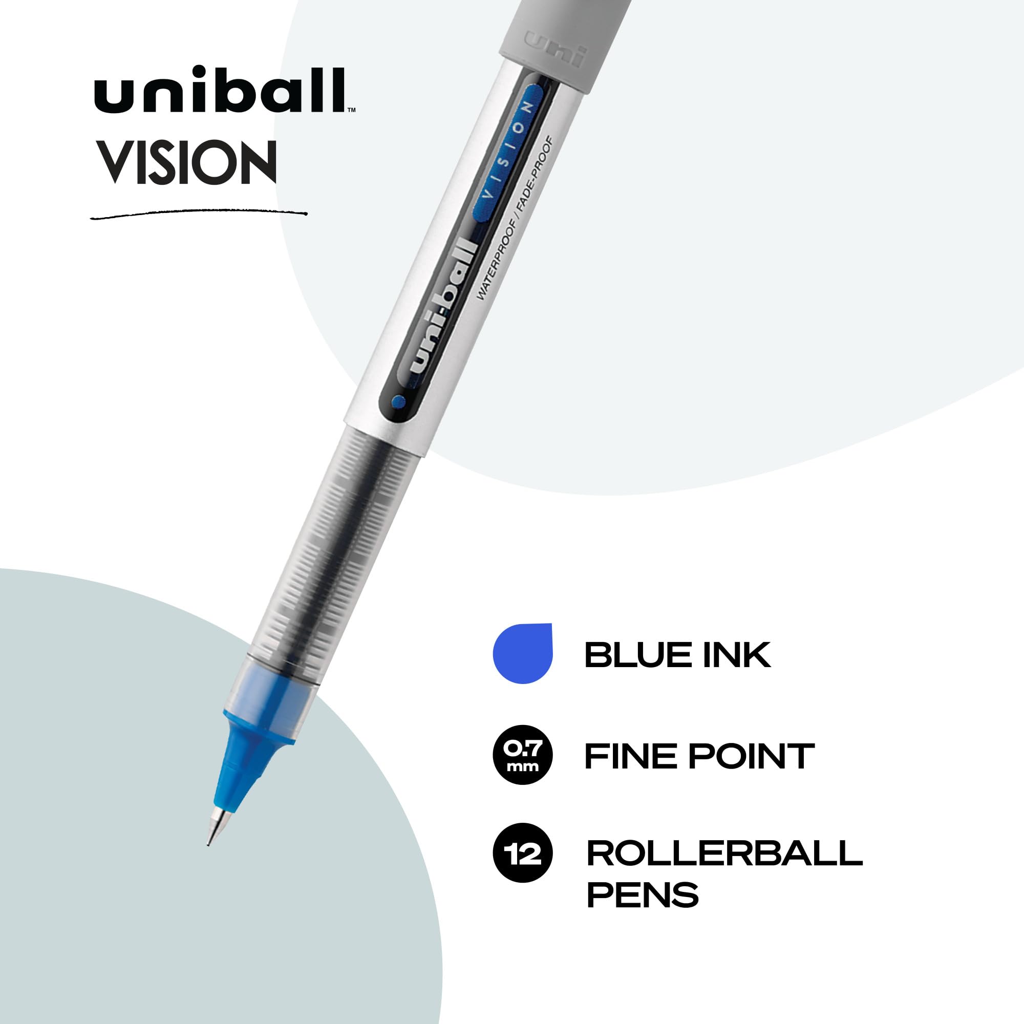 uni-ball VISION Rollerball, Stick Roller Ball Pen Fine-0.7mm, Blue Ink (60134)