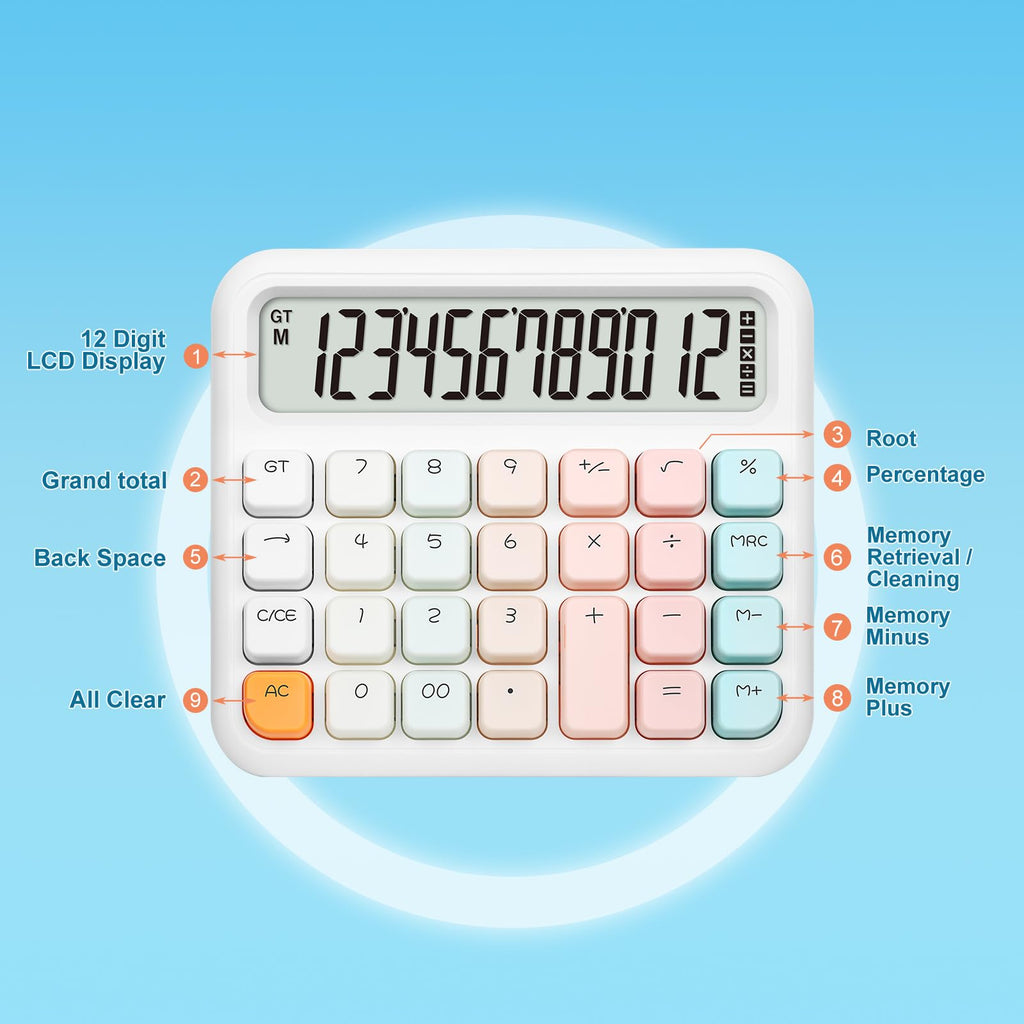 Pendancy Calculators Desktop 12 Digit, Gradient Pink Cute Basic Calculator with Extra Large LCD Display and Buttons, for Office, School, Home Use