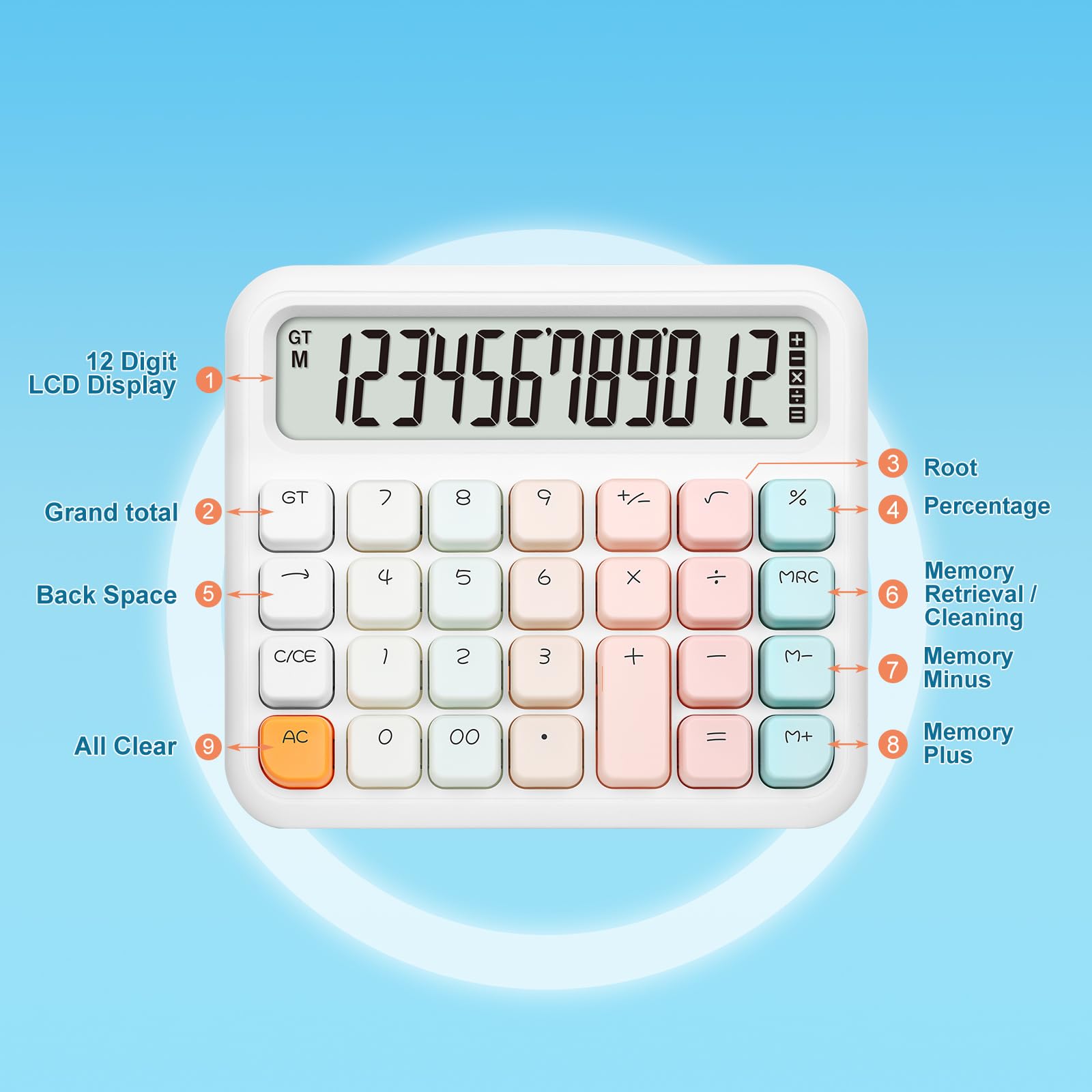 Pendancy Calculators Desktop 12 Digit, Gradient Pink Cute Basic Calculator with Extra Large LCD Display and Buttons, for Office, School, Home Use