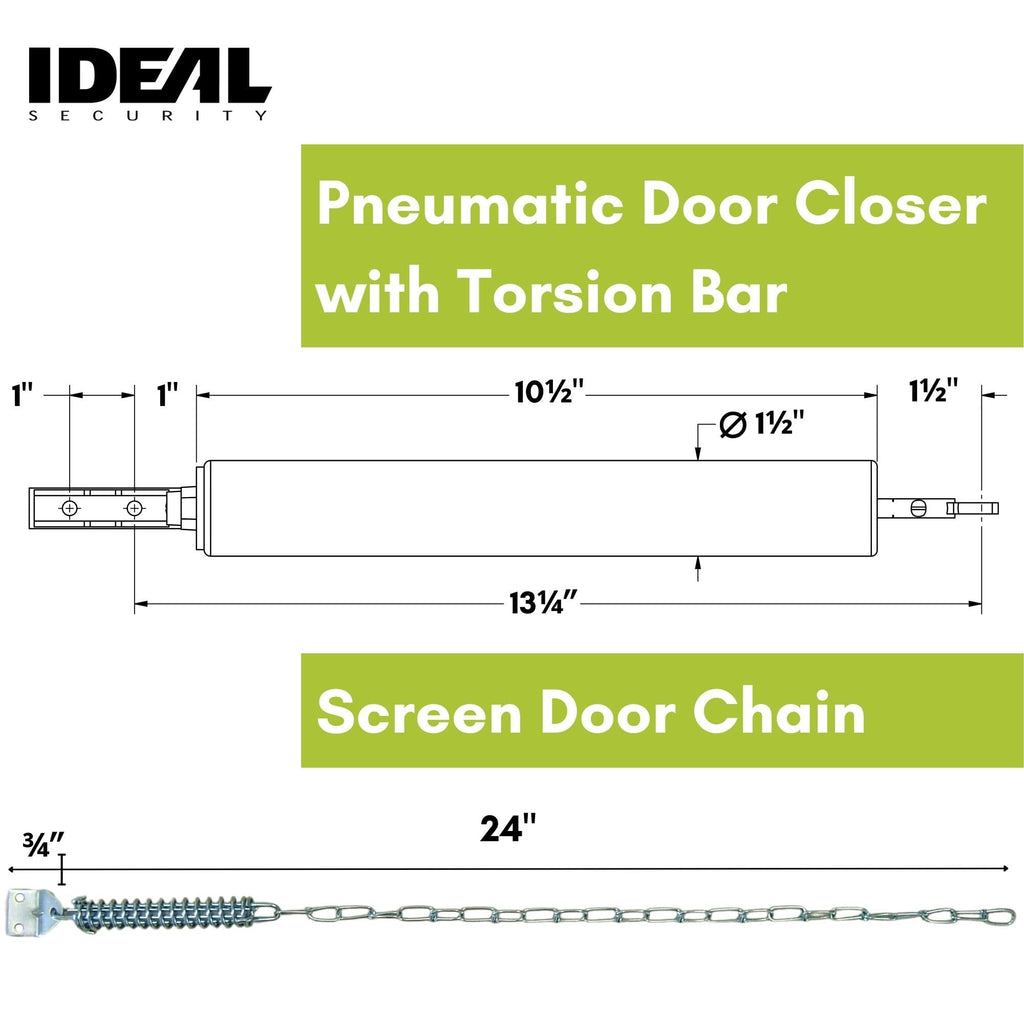 Ideal Security Model 8160 Heavy-Duty Pneumatic Storm Door Closer with Torsion Bar and Wind Chain, 10.5" L x 1.5" W, Adjustable Speed, Secure Closing, White
