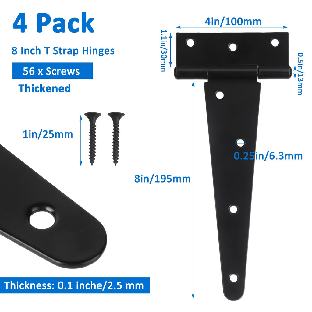 4 Pack T-Strap Hinges 8 Inch Gate Hinges Heavy Duty Barn Door Hinges, Thickened 20cm Shed Door Hinges, Black Metal Fence Hinges for Wooden Fences, Shed Door, Windows Garden Cabinet Door