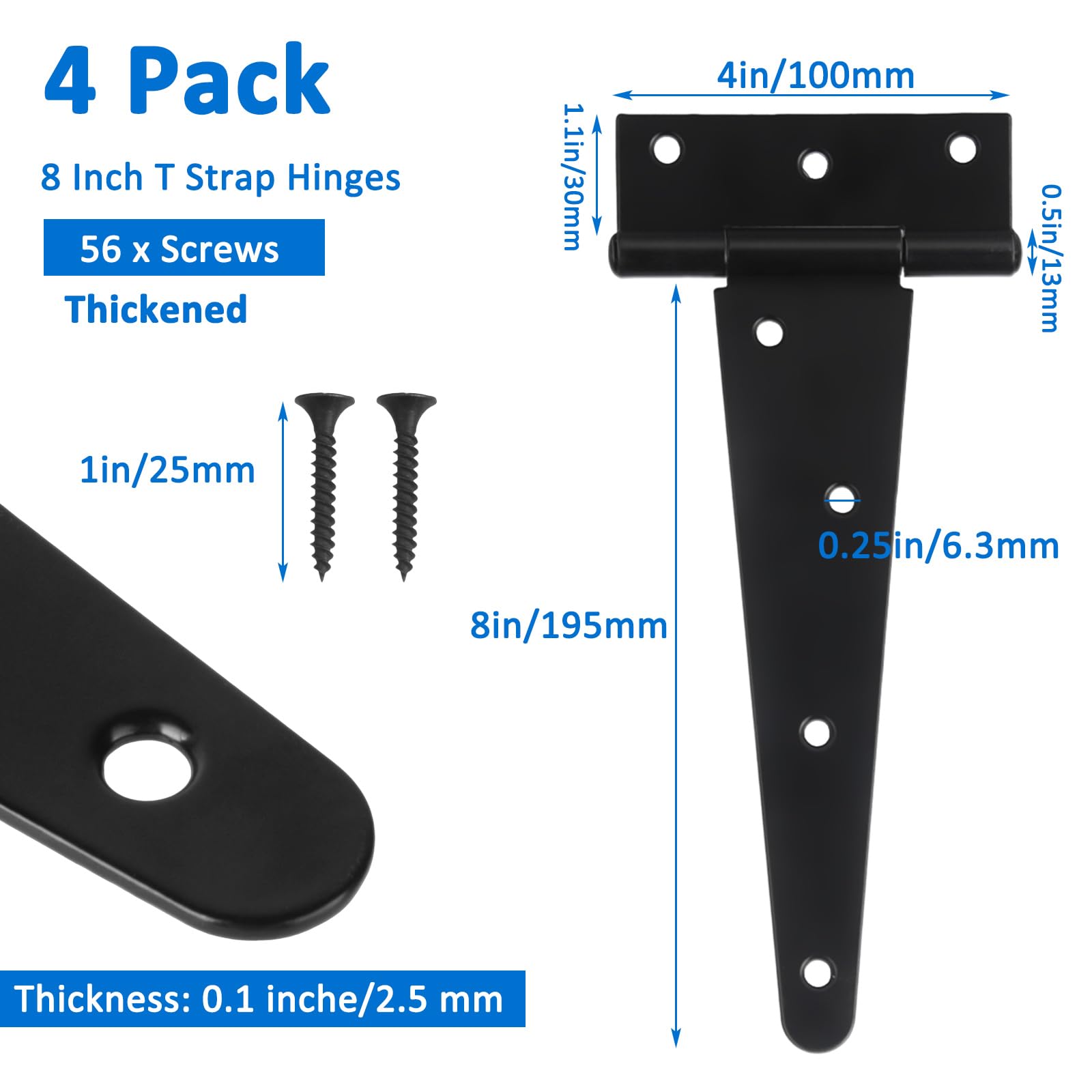 4 Pack T-Strap Hinges 8 Inch Gate Hinges Heavy Duty Barn Door Hinges, Thickened 20cm Shed Door Hinges, Black Metal Fence Hinges for Wooden Fences, Shed Door, Windows Garden Cabinet Door