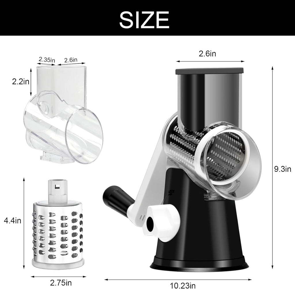 Cambom Rotary Cheese Grater Hand Crank Cheese Shredder for Fresh Cheese, Vegetable, Nuts,Non-Slip Suction Base, Free Cleaning Brush Three Blades, Black