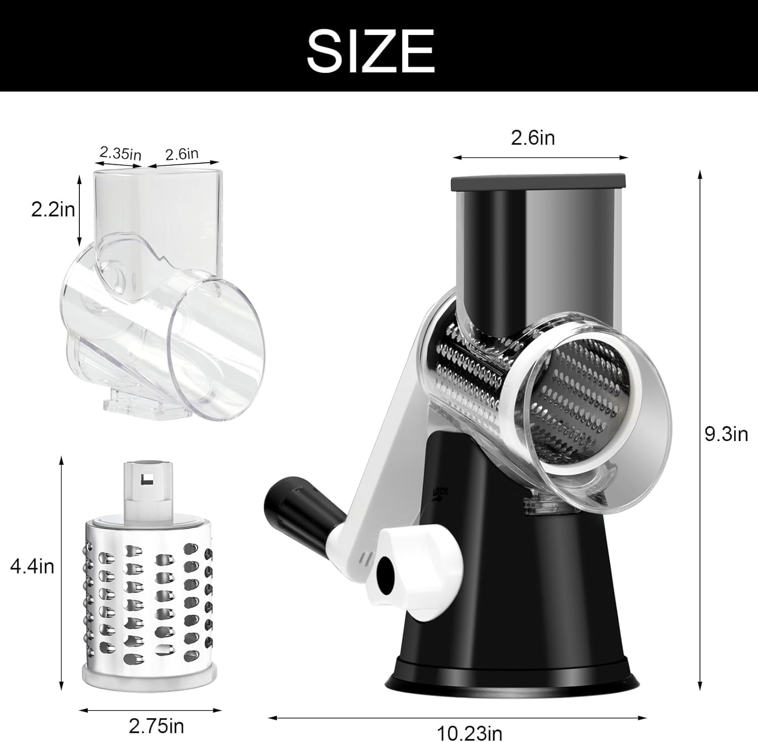 Cambom Rotary Cheese Grater Hand Crank Cheese Shredder for Fresh Cheese, Vegetable, Nuts,Non-Slip Suction Base, Free Cleaning Brush Three Blades, Black