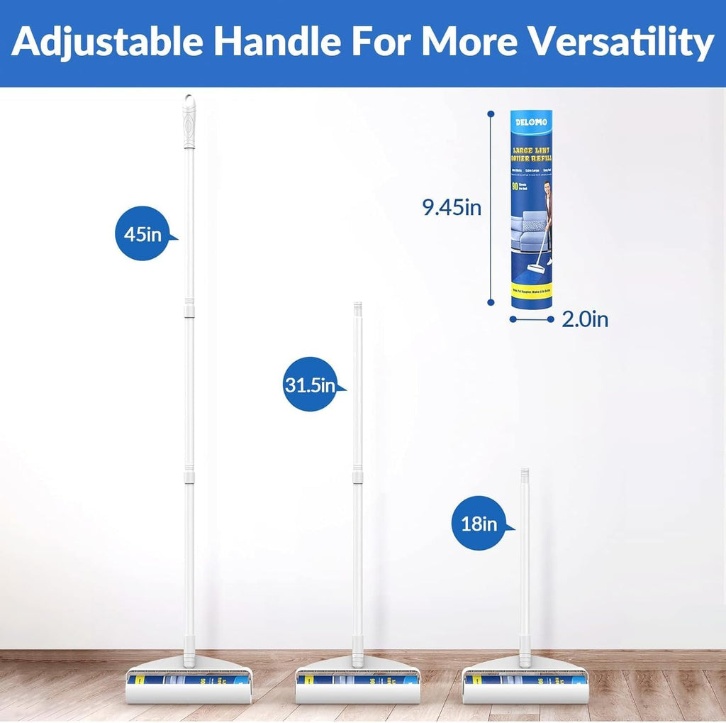 Large Lint Rollers for Carpet, Sticky Rollers for Floor DELOMO 9.45 in with 3 Extendable Handle, Long Handle Sticky Mop for Cleaning Carpets, Cars, Bedding, and Pet Hair, Ideal Gift for Pet Owners